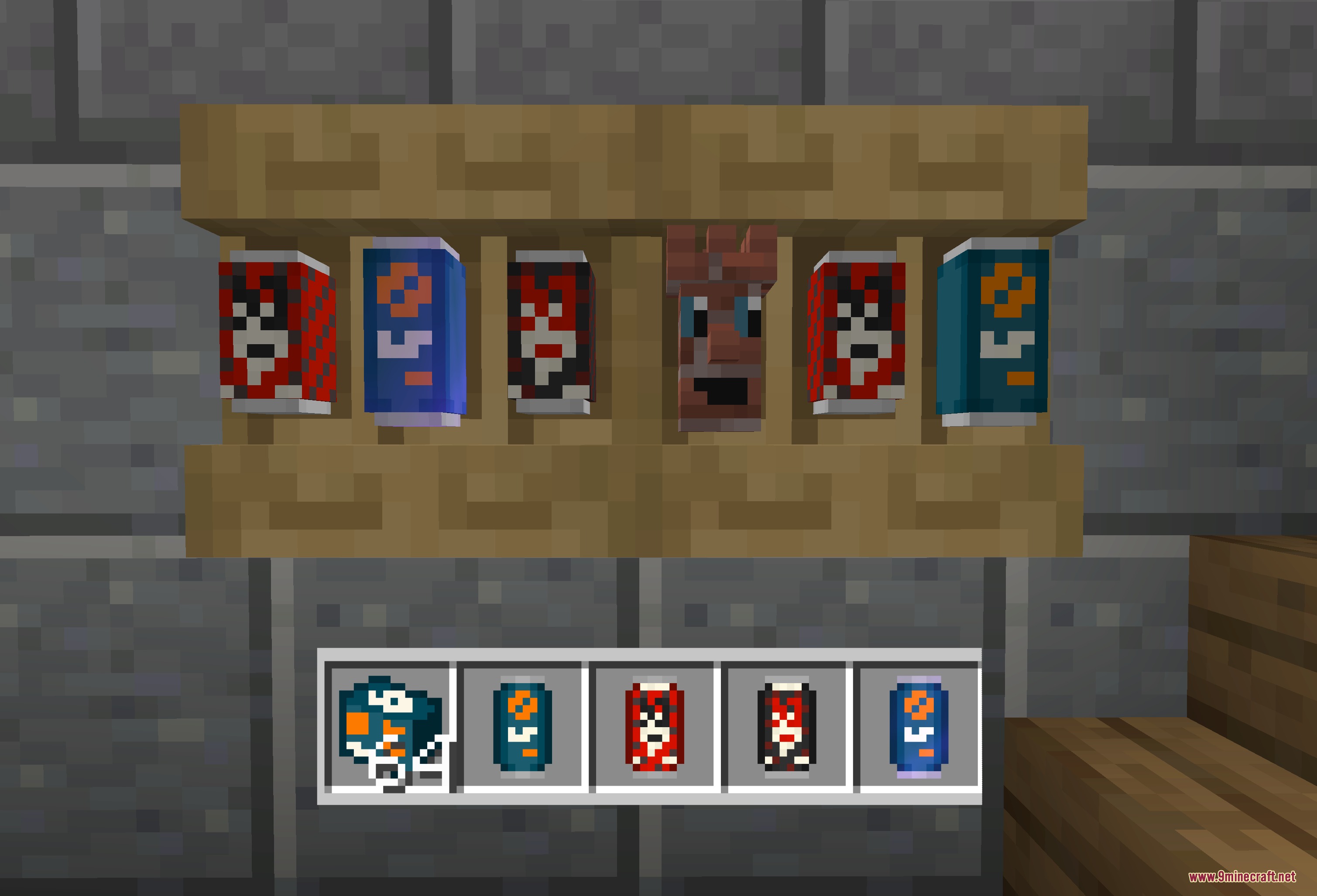 Crimson Fist Legacy Resource Pack Screenshot 2 Wooden shelf displaying custom soda cans and a unique villager head item