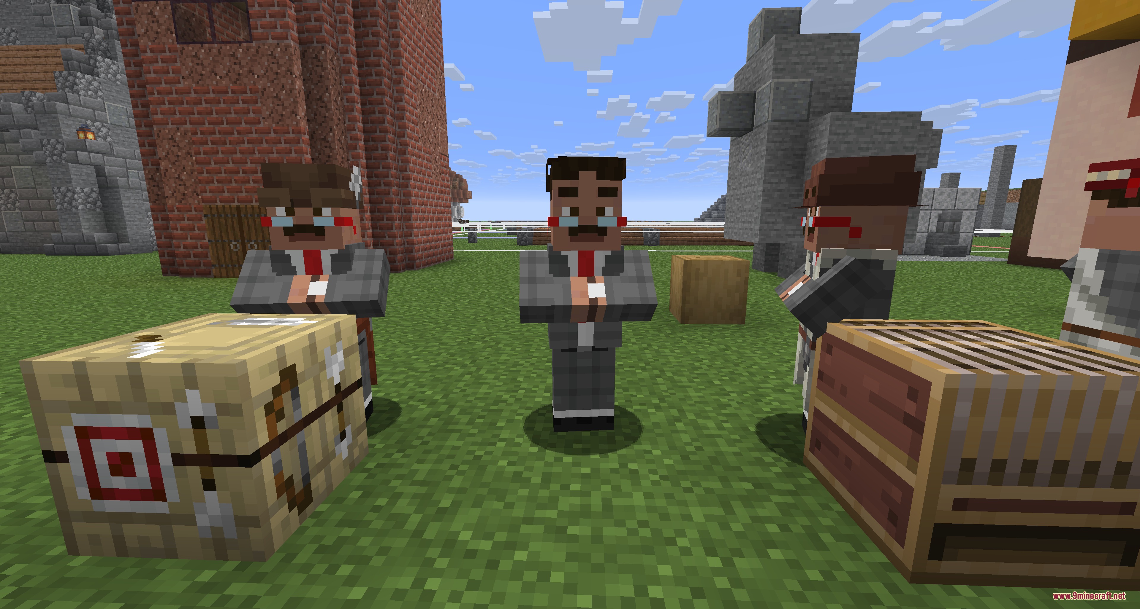 Crimson Fist Legacy Resource Pack Screenshot 4 Villagers wearing grey suits and glasses standing next to various crafting blocks