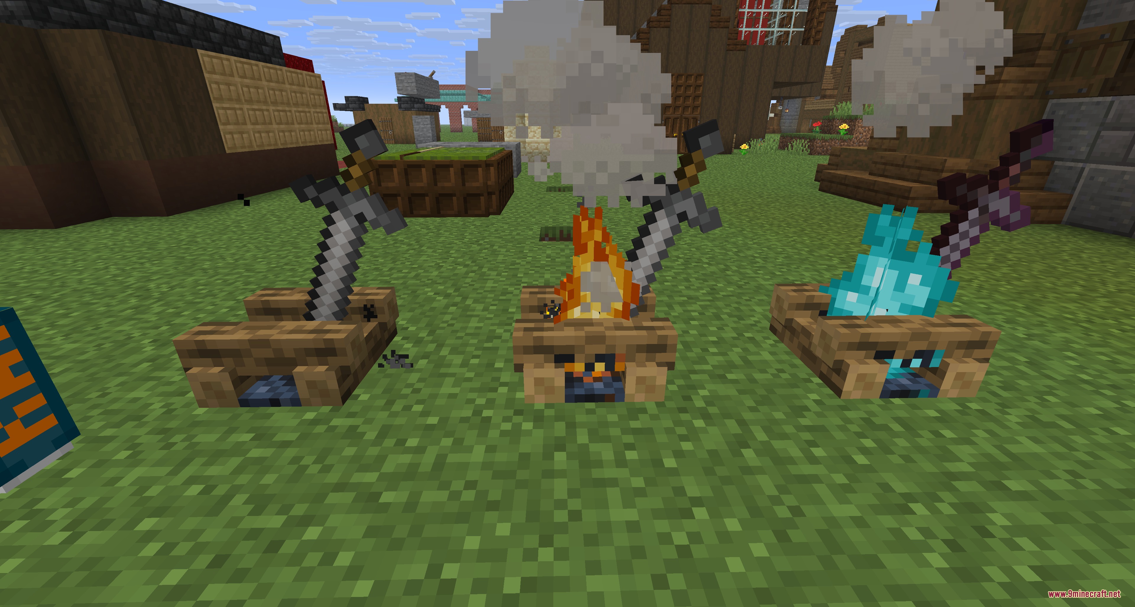 Crimson Fist Legacy Resource Pack Screenshot 6 Standard Minecraft campfires replaced with Dark Souls style bonfires and swords