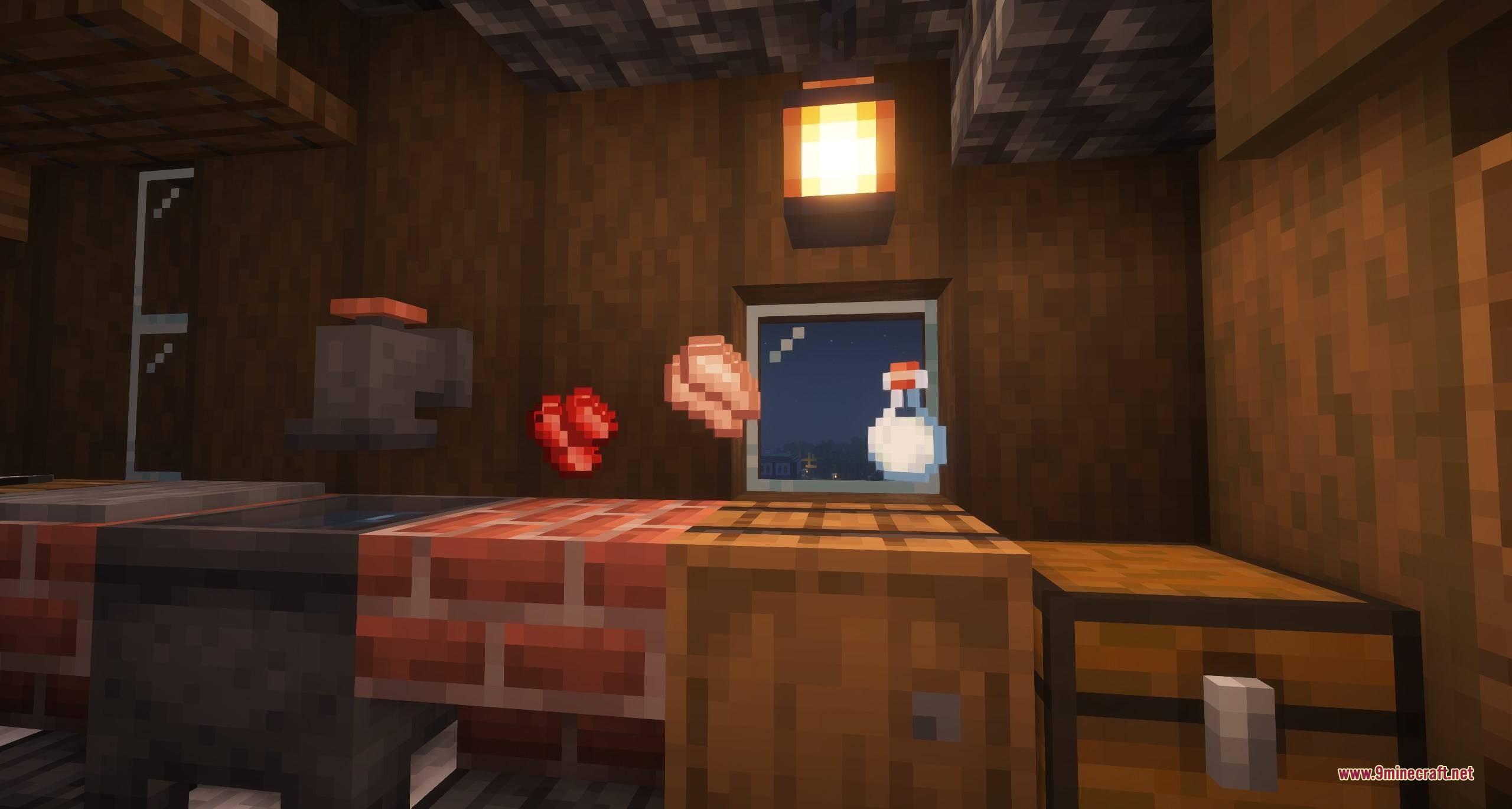 Crop & Kettle Data Pack Screenshot 1 Preparing raw meat and milk bottles on a wooden cutting board in Minecraft