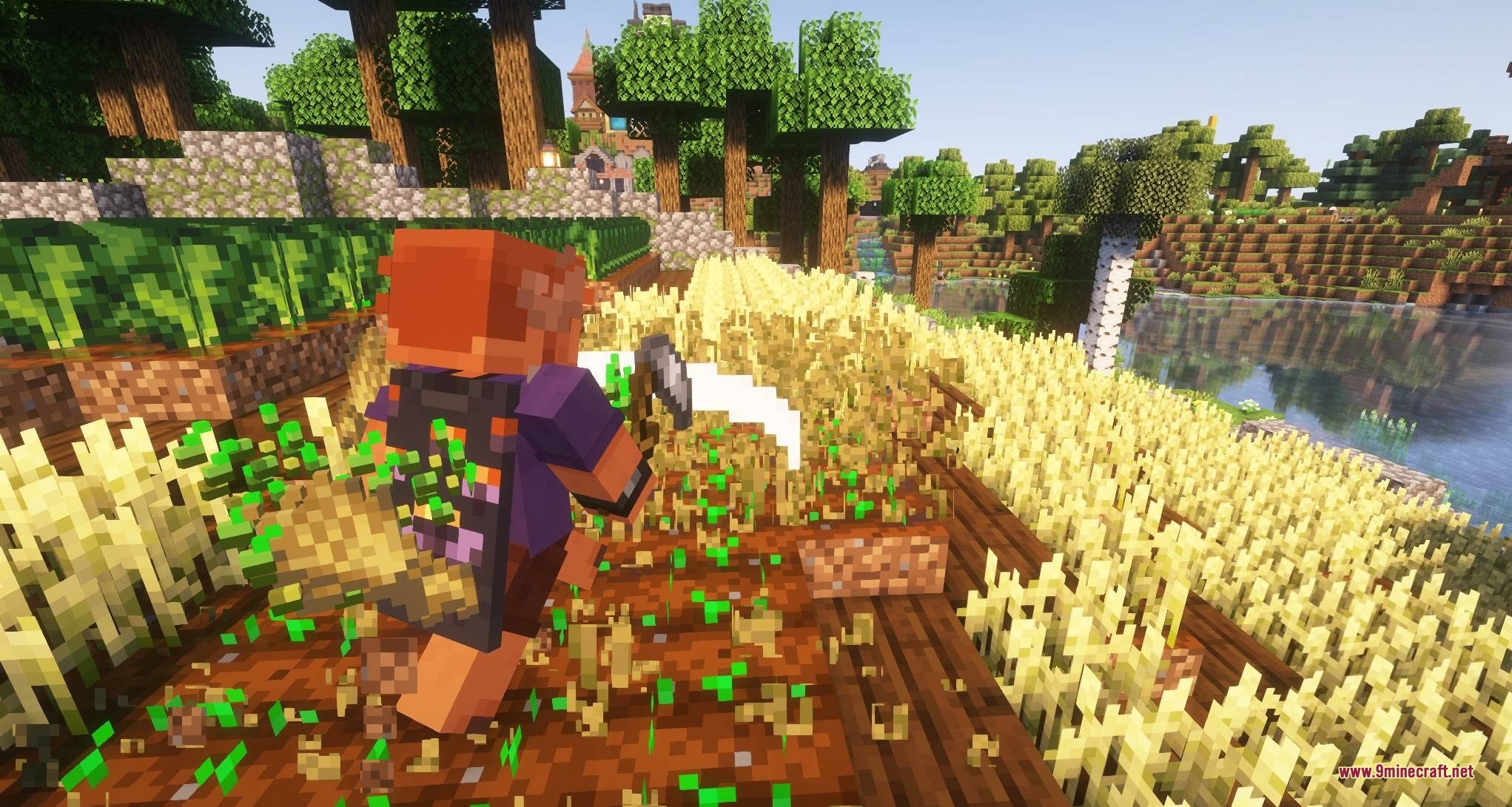 Crop & Kettle Data Pack Screenshot 3 Minecraft player using a scythe to harvest a large field of golden wheat