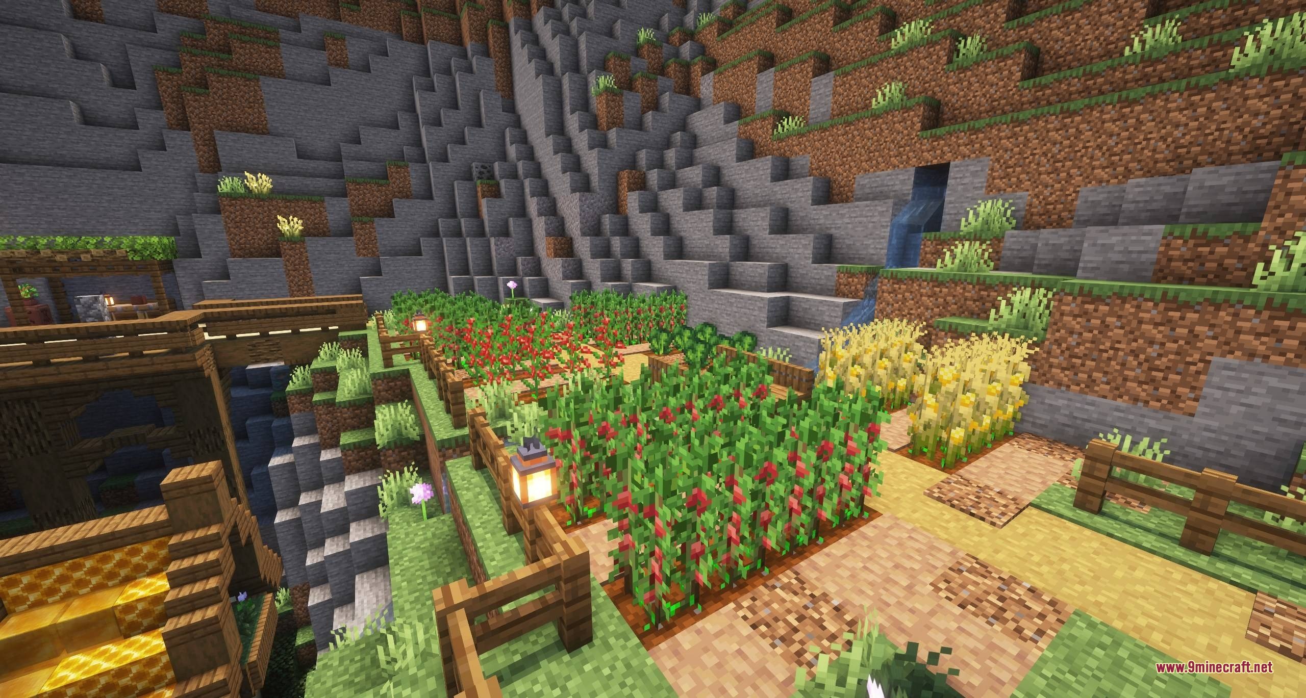 Crop & Kettle Data Pack Screenshot 4 Terraced garden beds with various crops and lanterns built into a stone mountain