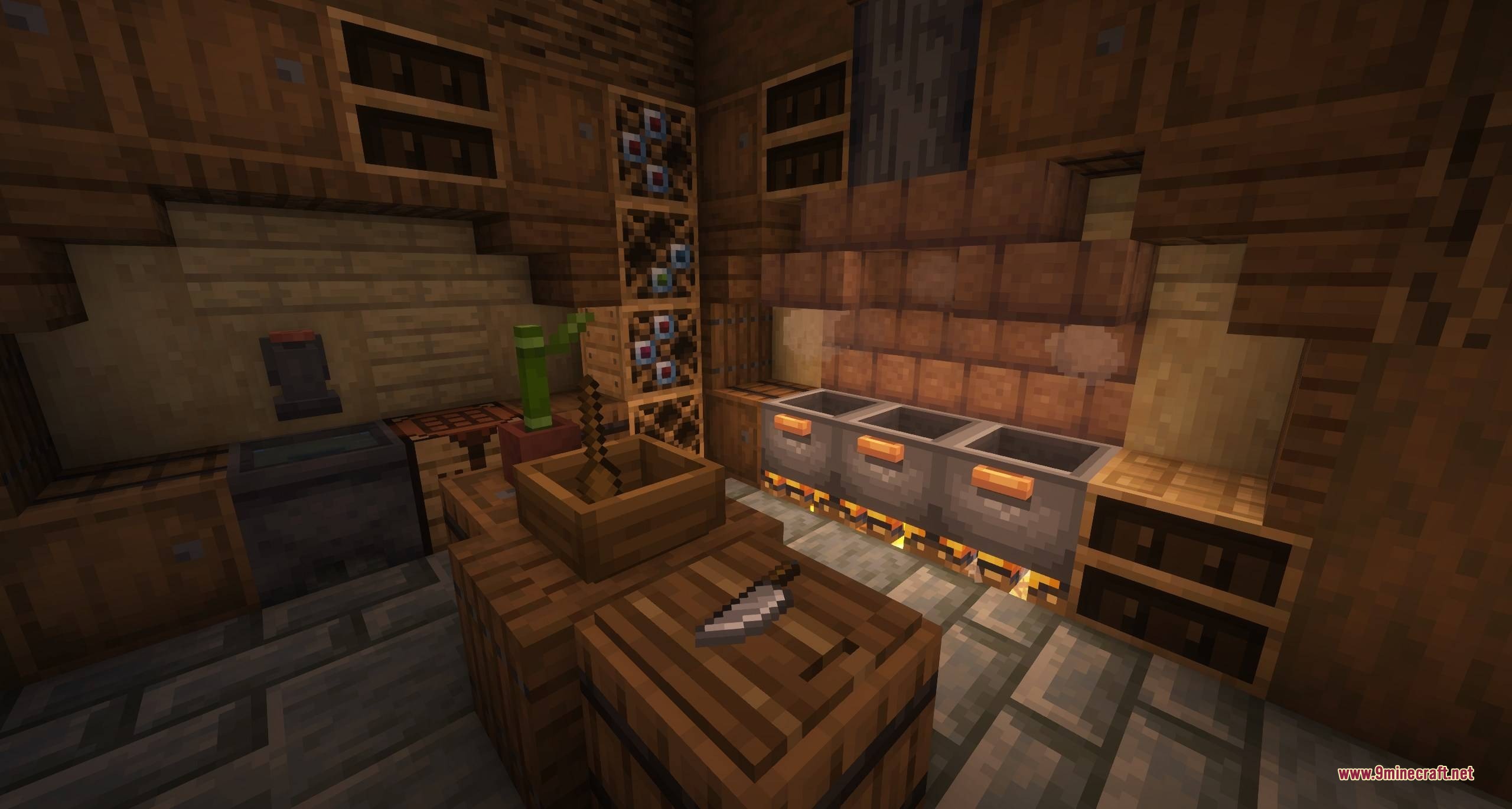 Crop & Kettle Data Pack Screenshot 7 A rustic Minecraft kitchen featuring cooking pots over fire and a wooden cutting board