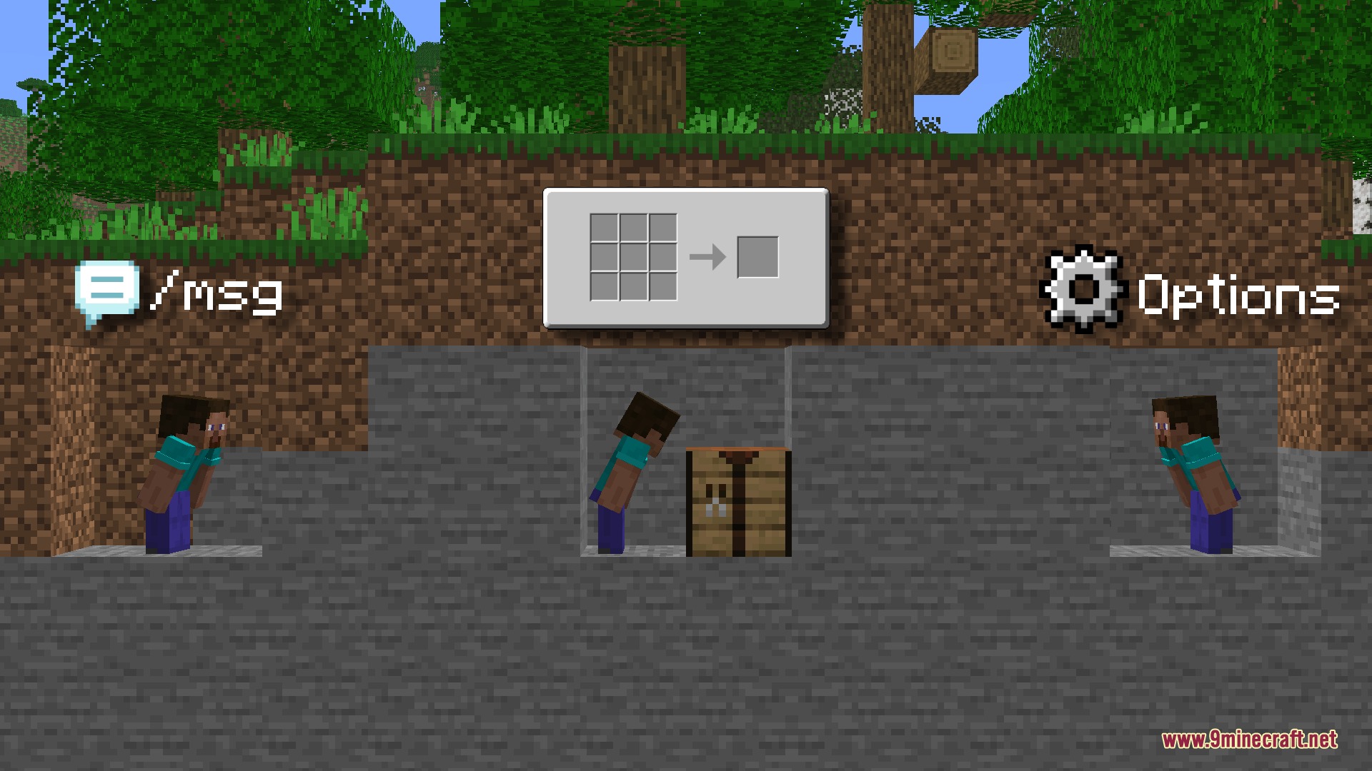 Three Steve characters remain crouching while accessing chat crafting and options menus