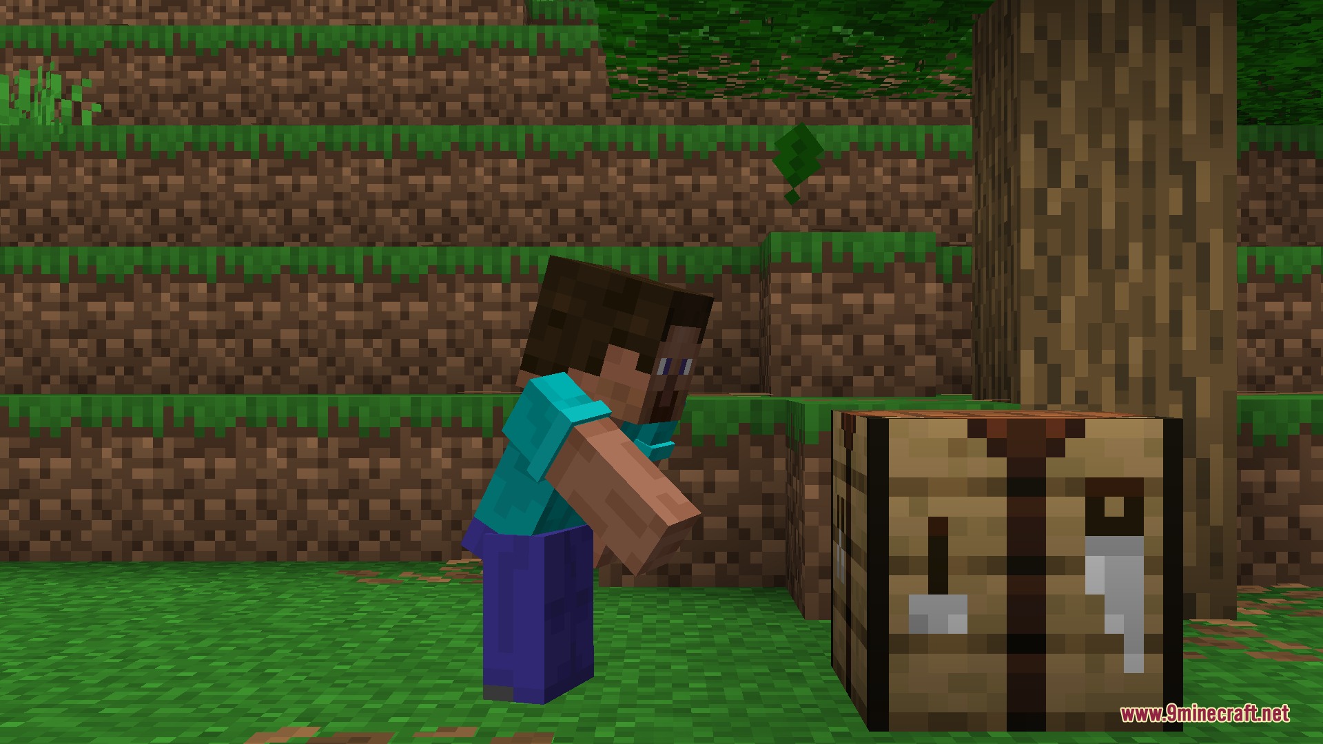 A player character maintains a crouched stance next to a wooden crafting block