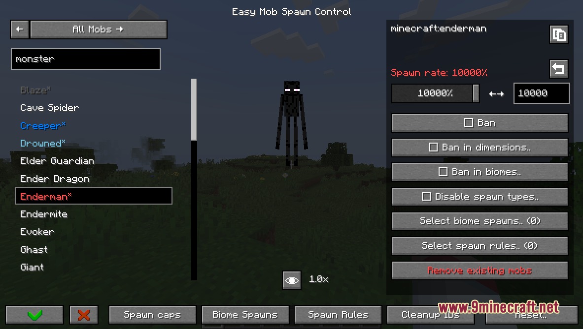 Crowd Governor Mod menu for adjusting Enderman spawn rates and restrictions in Minecraft