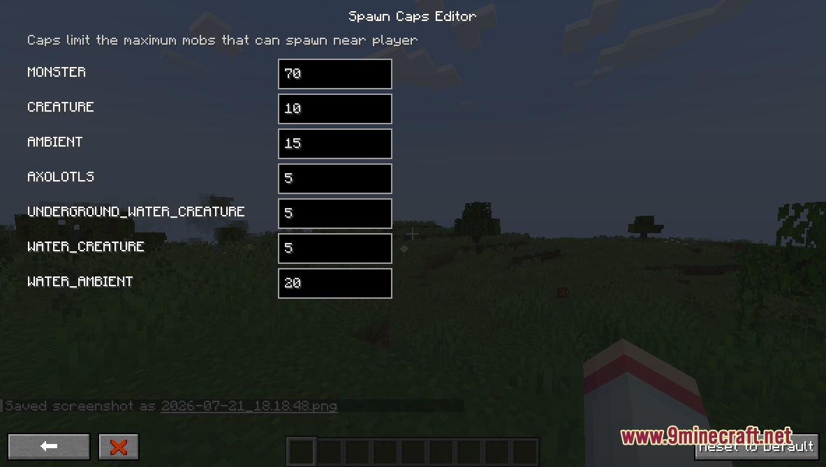 The spawn caps editor screen showing limits for various mob categories in Minecraft