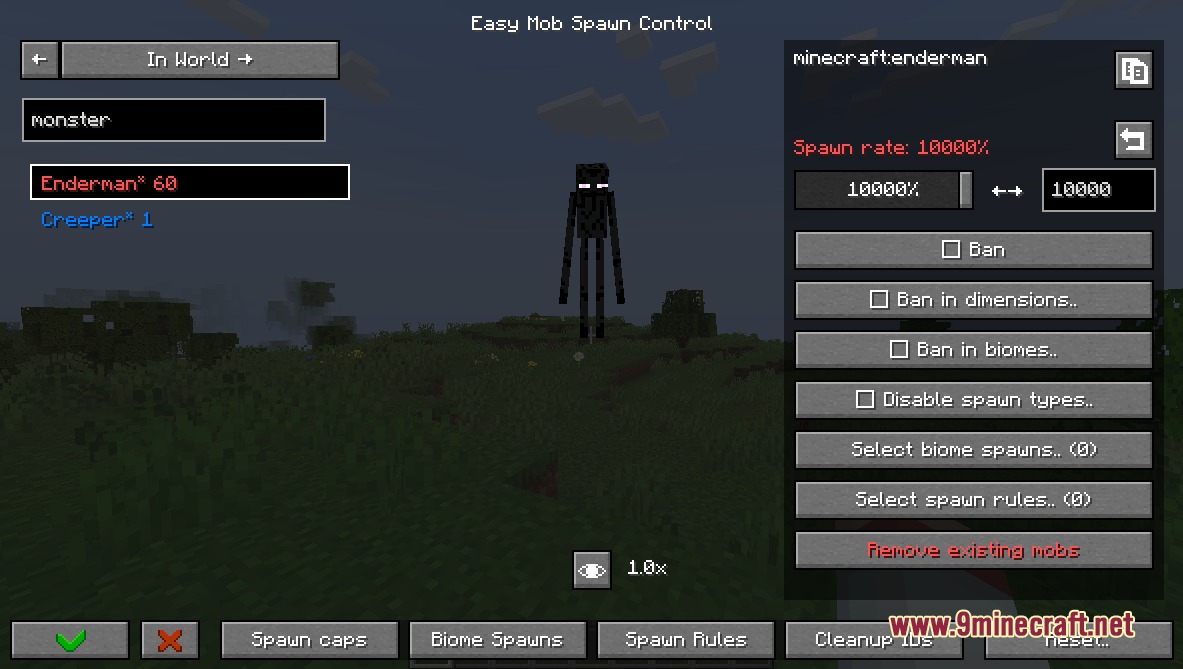 Crowd Governor Mod interface showing spawn rate settings for an Enderman mob