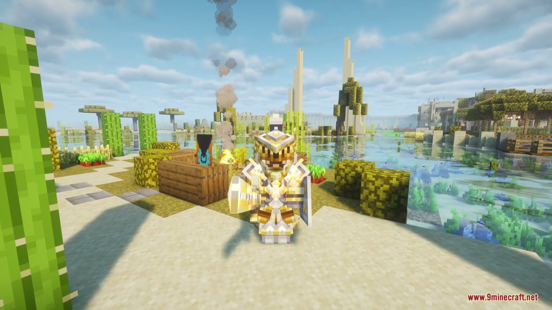 A player wearing golden Crystal Chronicles armor stands in a desert oasis