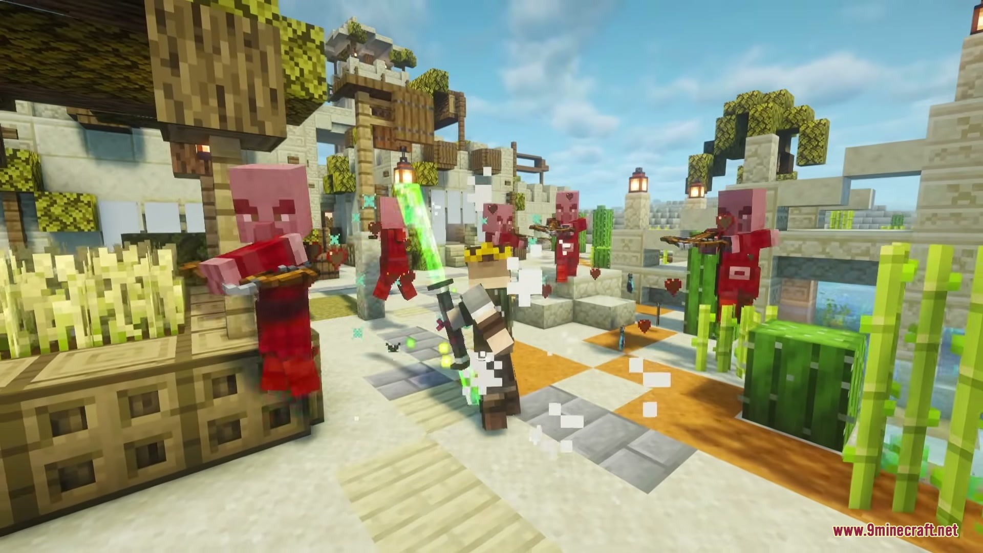 Player fights red Illagers with a glowing green sword in a village