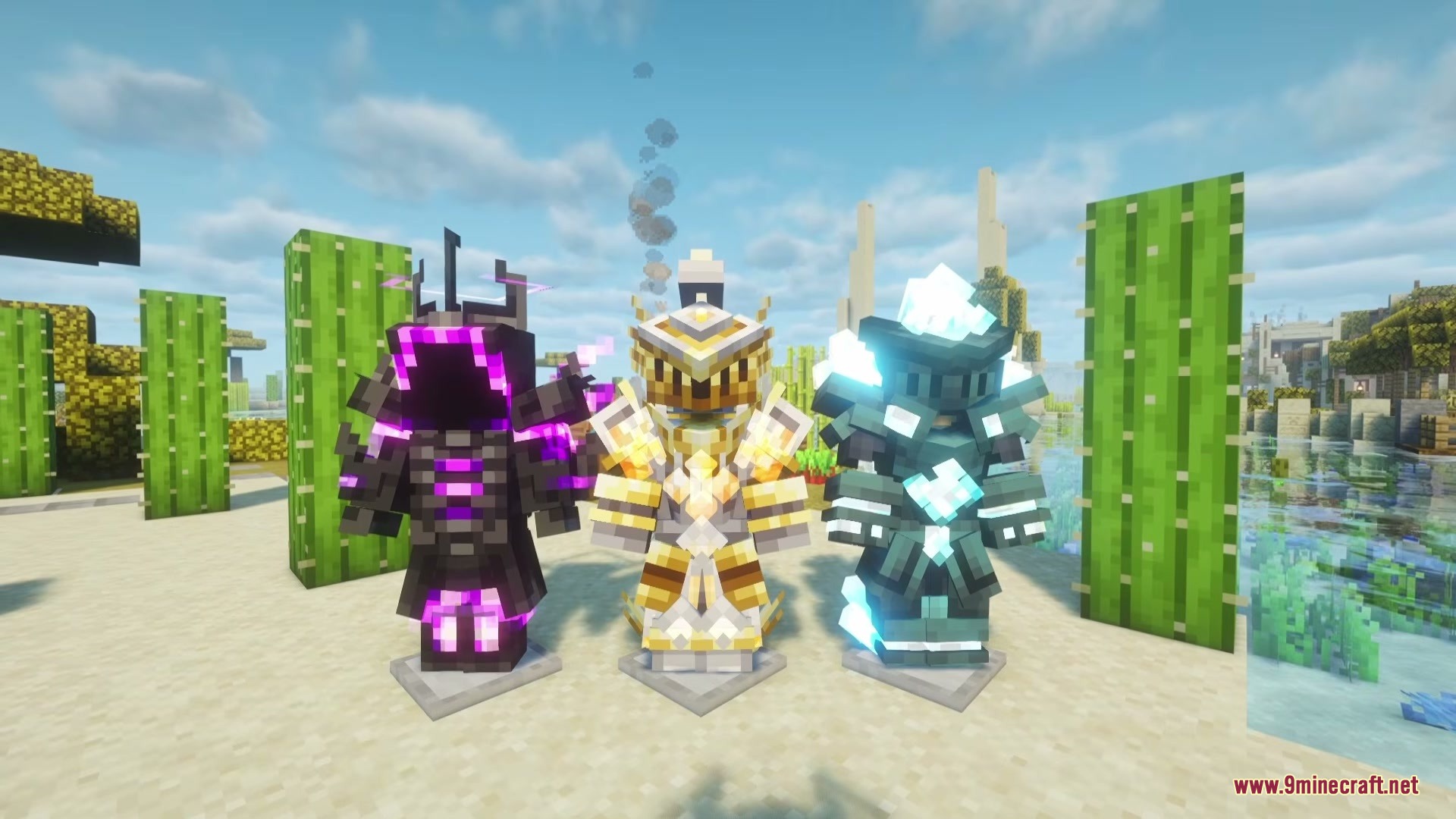 Three sets of glowing magical armor displayed on stands in a desert