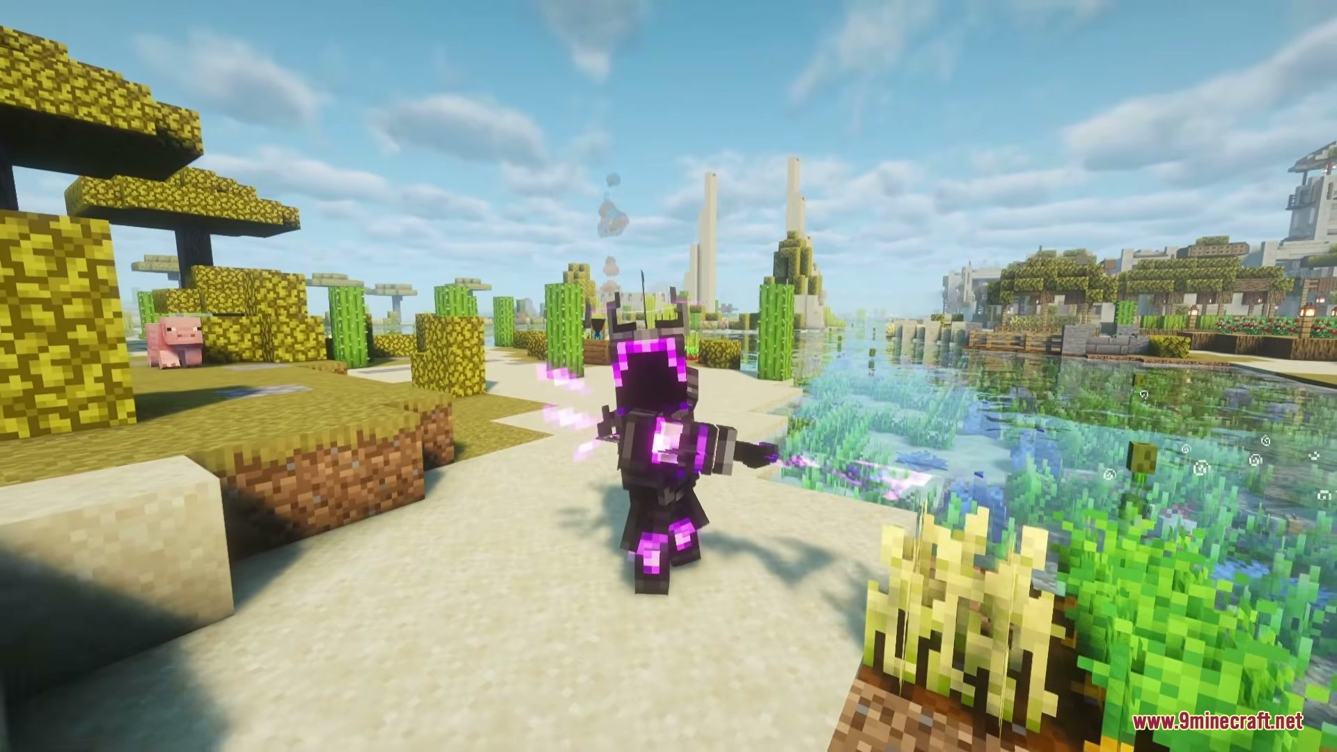 Minecraft character in dark purple magic armor wielding a glowing staff on a beach