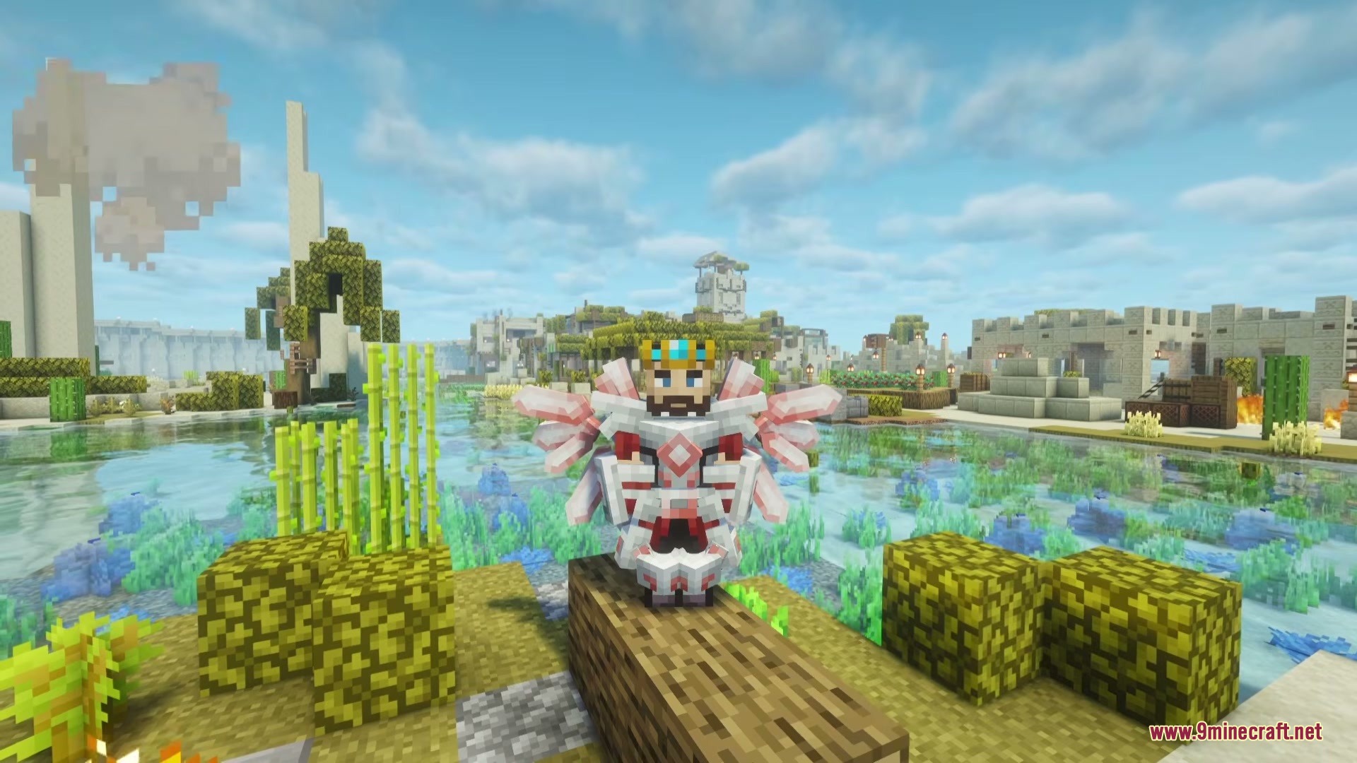 Player wearing white and red crystal armor with wings and a golden crown