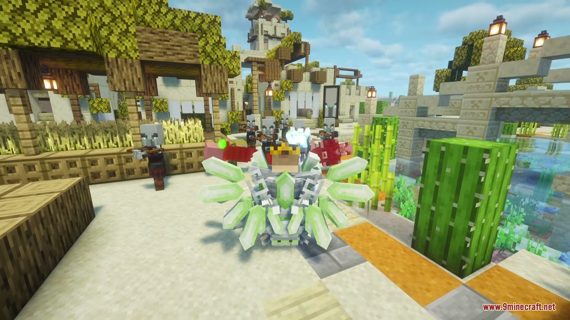 Player wearing green crystal armor stands amidst hostile Illagers in a village