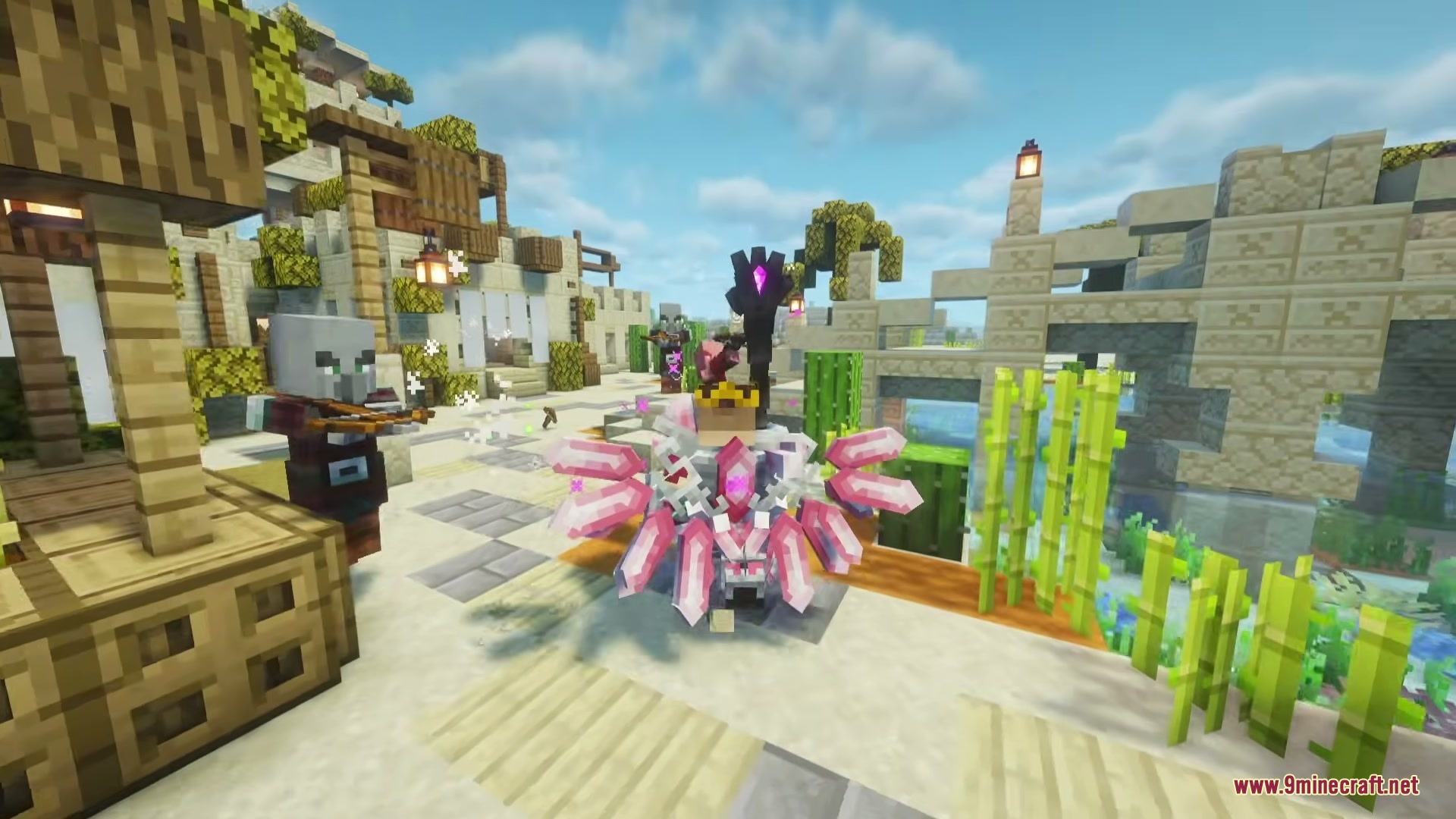 Player in pink crystal armor wielding a staff faces attacking Illagers