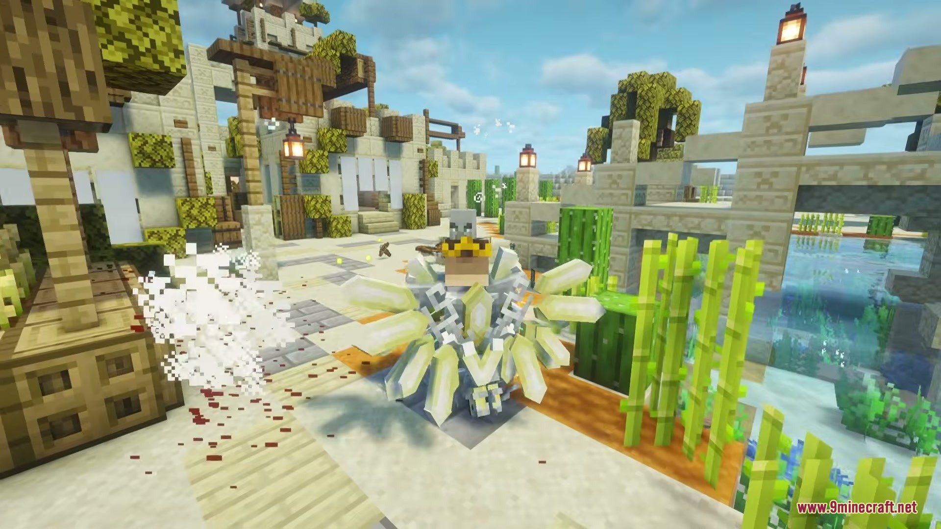 A player wearing glowing Prismatic armor from the Crystal Chronicles mod