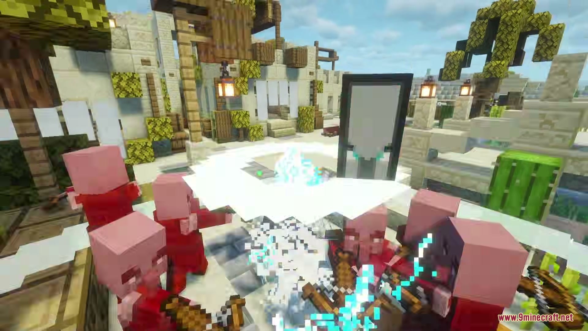 A swirling white magic spell attacks a group of red pillager mobs