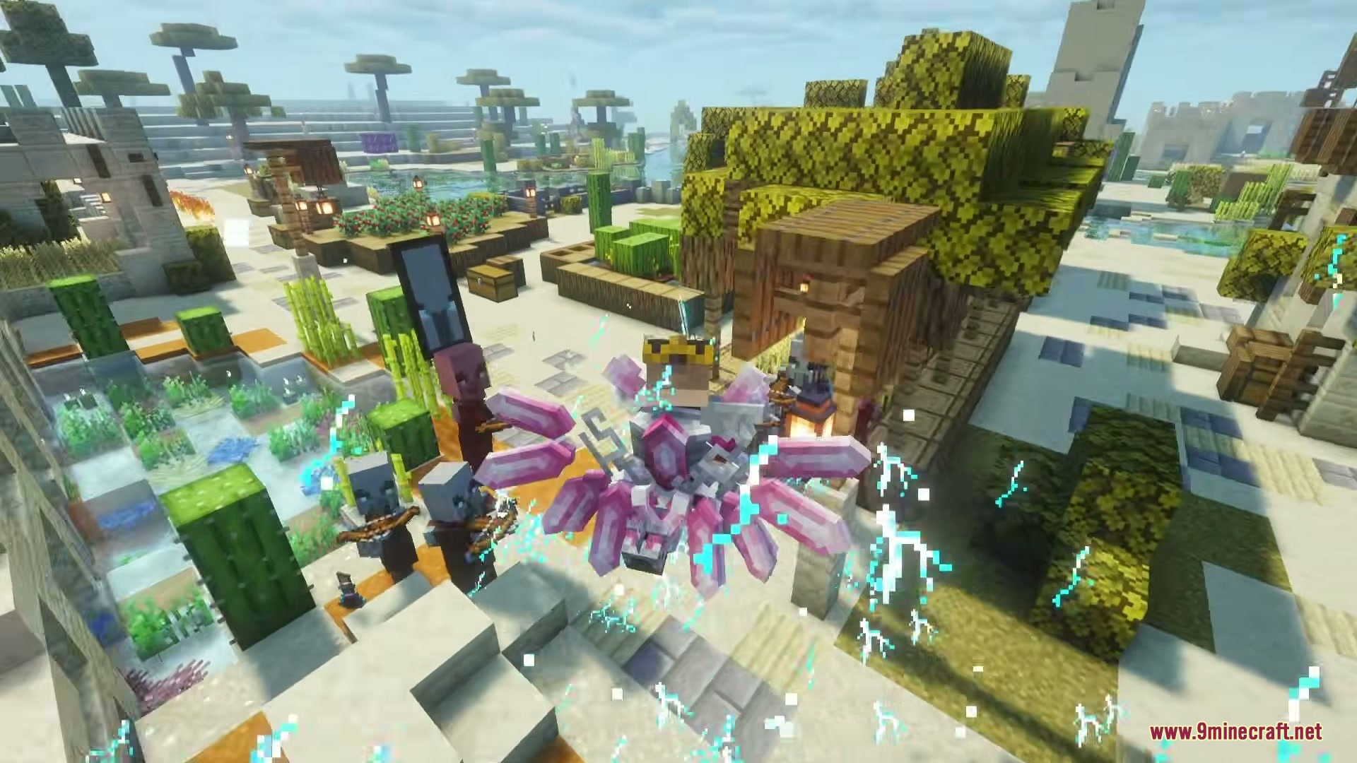 Player wearing purple crystal armor floats above Illagers in a desert village