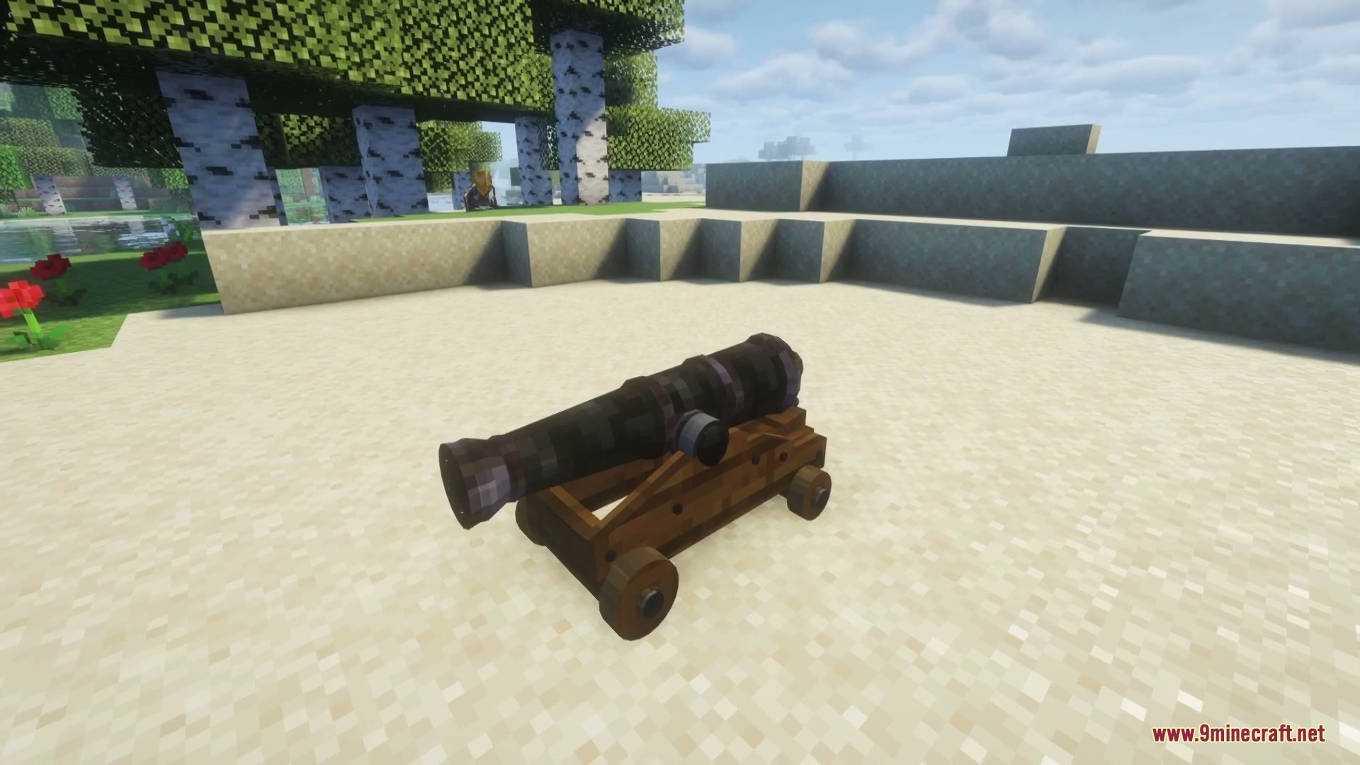 Crystalline Mineral Dusts Mod Screenshot 10 A detailed black cannon on a wooden carriage placed on the sand