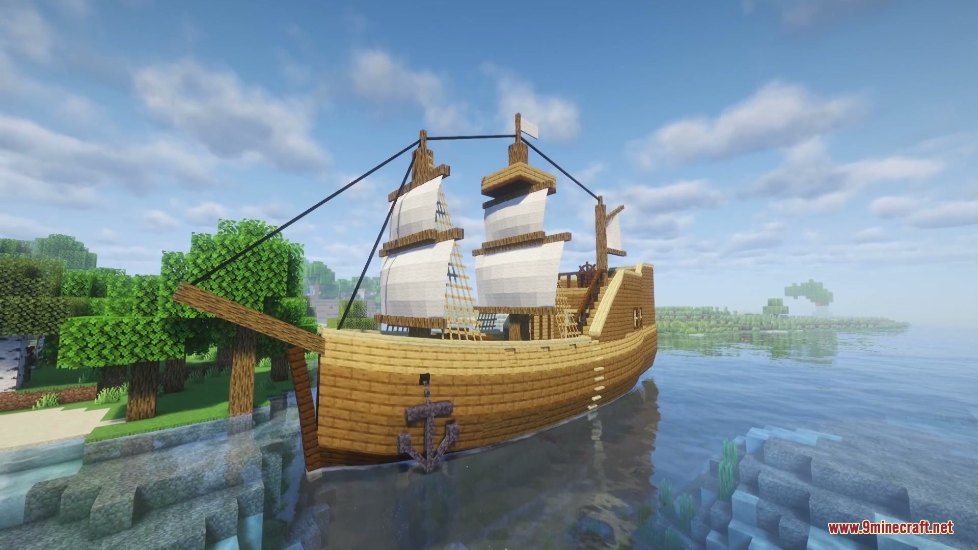 Crystalline Mineral Dusts Mod Screenshot 2 A finished wooden sailing ship with white sails on the open water