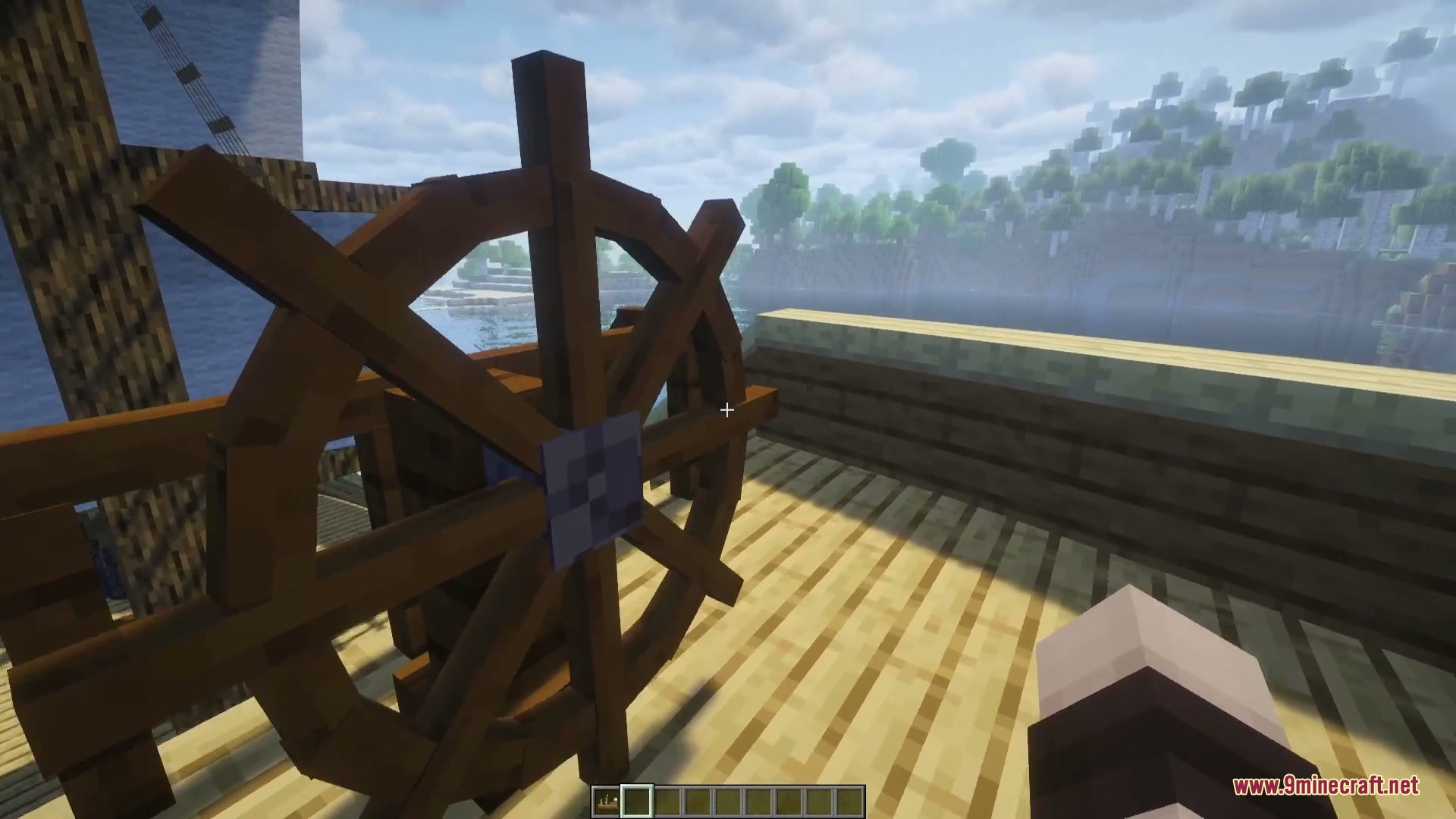 Crystalline Mineral Dusts Mod Screenshot 3 A player takes the helm of a wooden ship on the open ocean