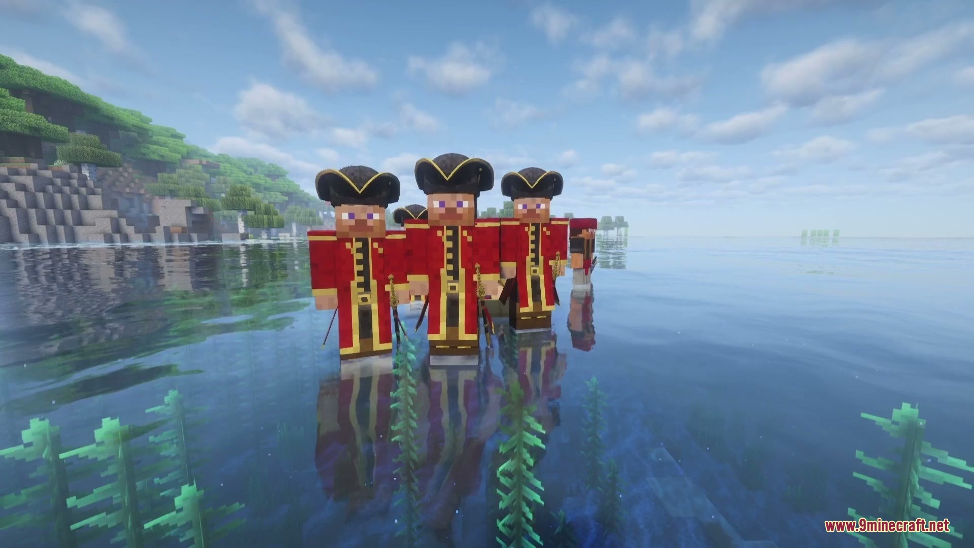Crystalline Mineral Dusts Mod Screenshot 4 A crew of sailors in red uniforms standing together in the shallow water