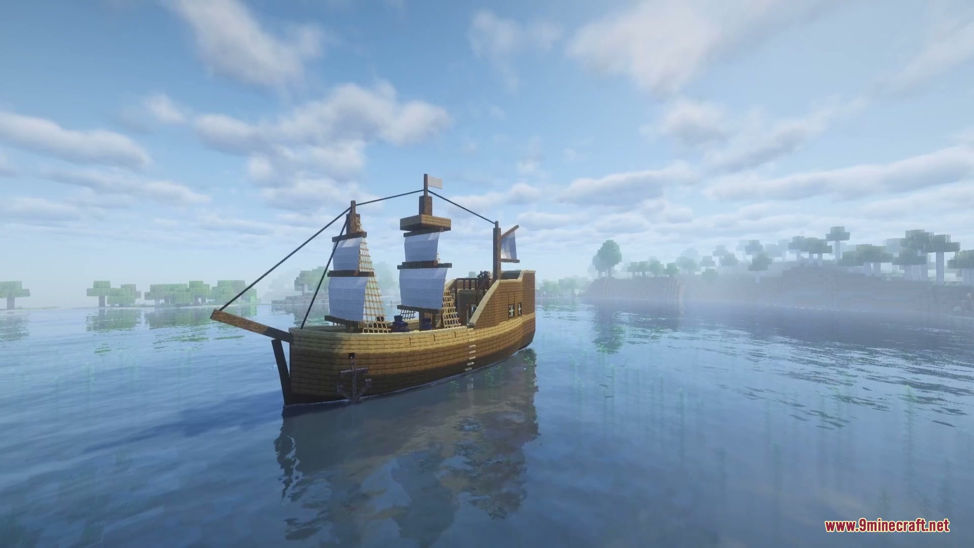 Crystalline Mineral Dusts Mod Screenshot 8 A large wooden sailing ship with white sails on the open ocean