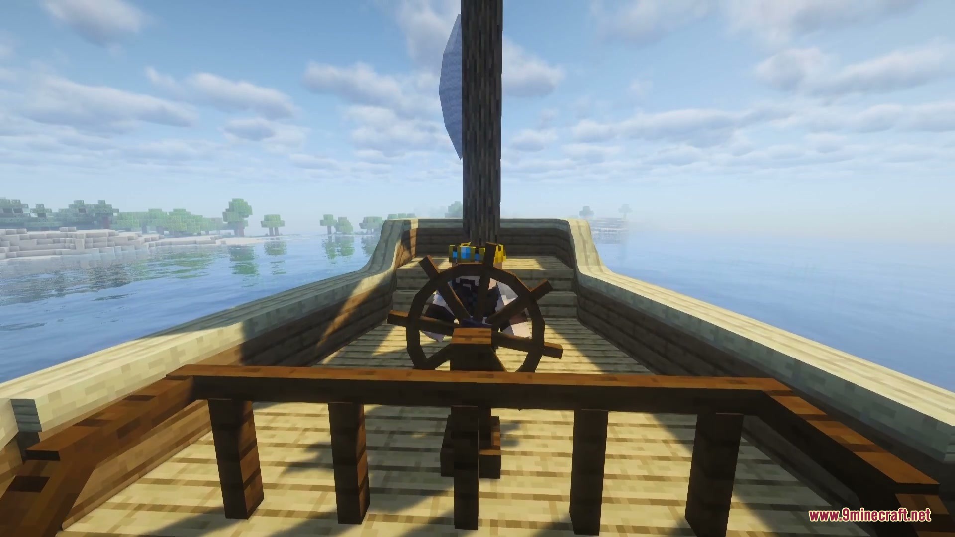 Crystalline Mineral Dusts Mod Screenshot 9 A player character steering a large wooden ship through the calm ocean