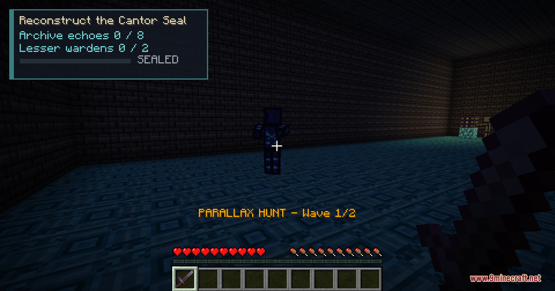 Cubic Crypt Descent Mod Screenshot 1 A player faces a dark mob during a Parallax Hunt wave in a dungeon