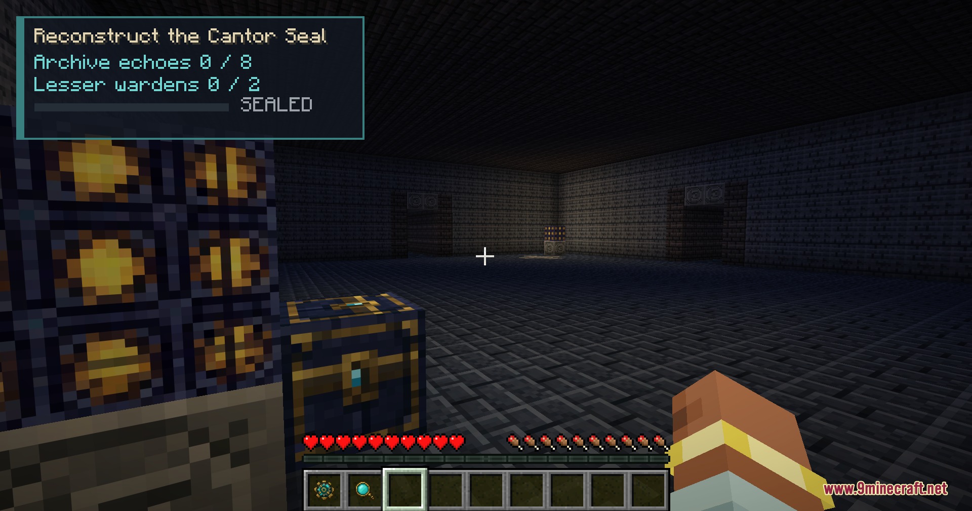 Cubic Crypt Descent Mod Screenshot 2 Player exploring a dark Cubic Crypt Descent dungeon room with a custom chest