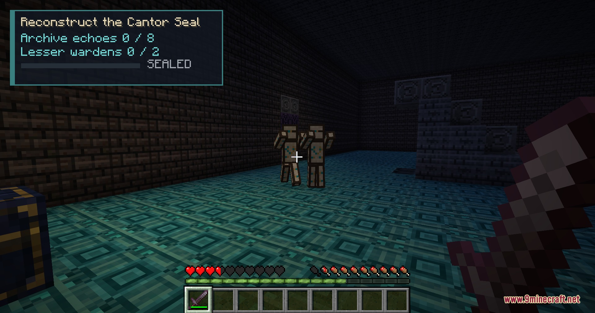Cubic Crypt Descent Mod Screenshot 4 A player encounters two humanoid enemies in a dark dungeon room holding a sword