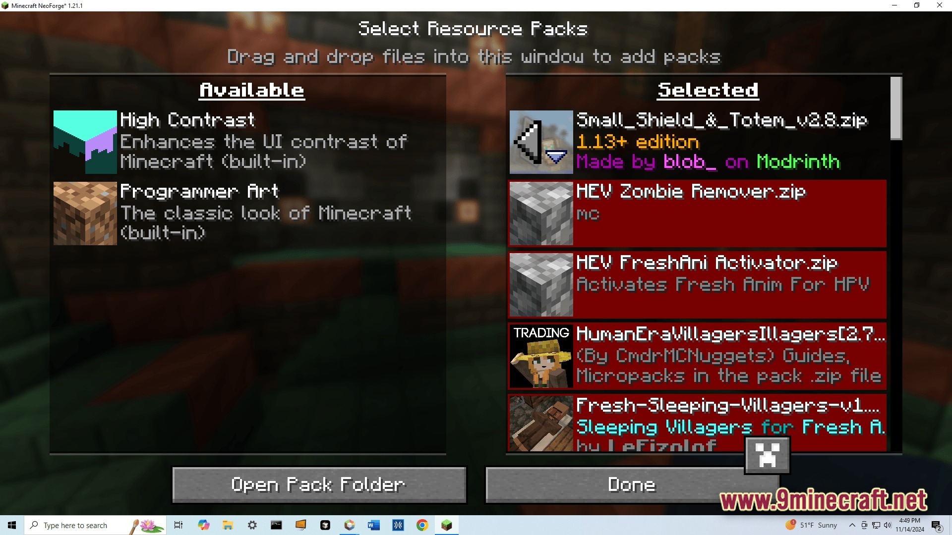 Cubic Horizon Immersion Modpack Screenshot 1 The Minecraft resource pack selection menu displays several active and available packs for the game