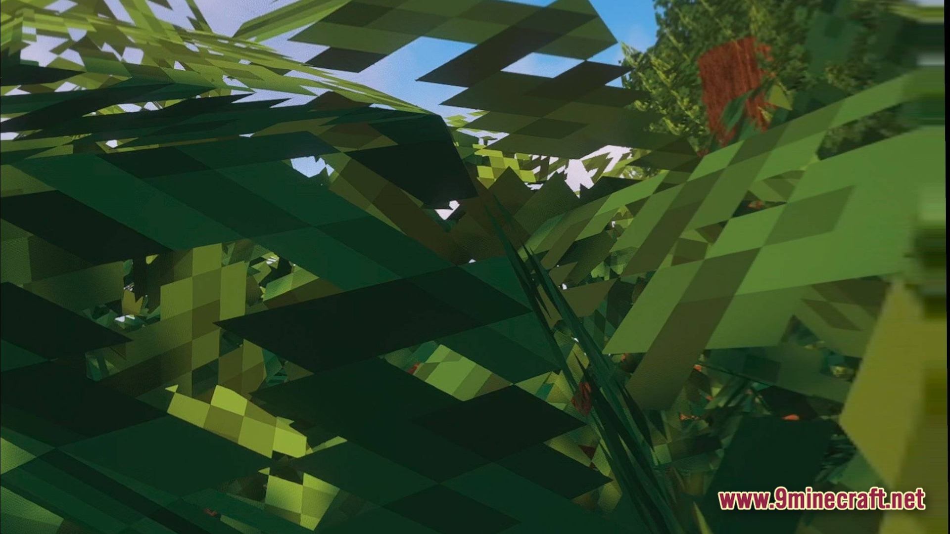 Cubic Horizon Immersion Modpack Screenshot 10 A first-person view looking through dense green foliage toward a forest and blue sky