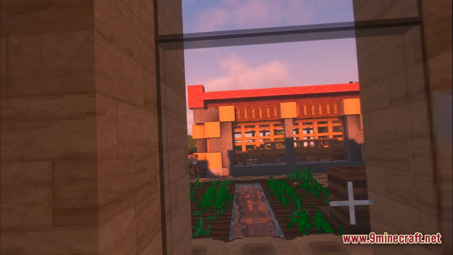 Cubic Horizon Immersion Modpack Screenshot 2 A view through a window showing a small farm and a stone building with shaders