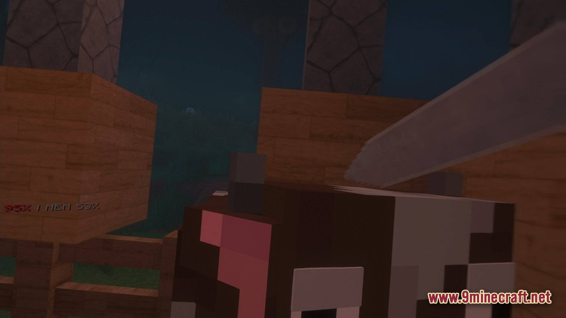 Cubic Horizon Immersion Modpack Screenshot 3 A first-person view of a player holding a sword near a cow inside a wooden enclosure