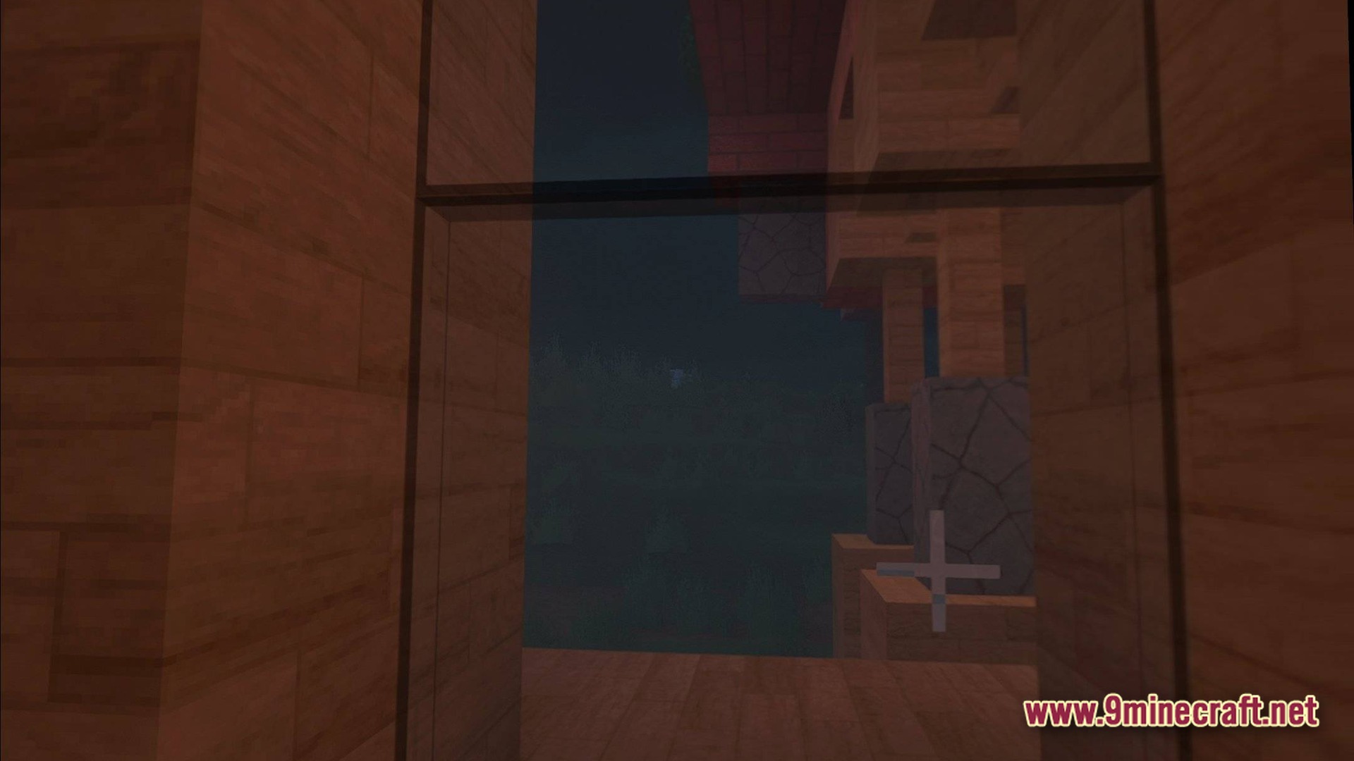 Cubic Horizon Immersion Modpack Screenshot 4 A view through a glass window of a wooden structure looking out into the dark night