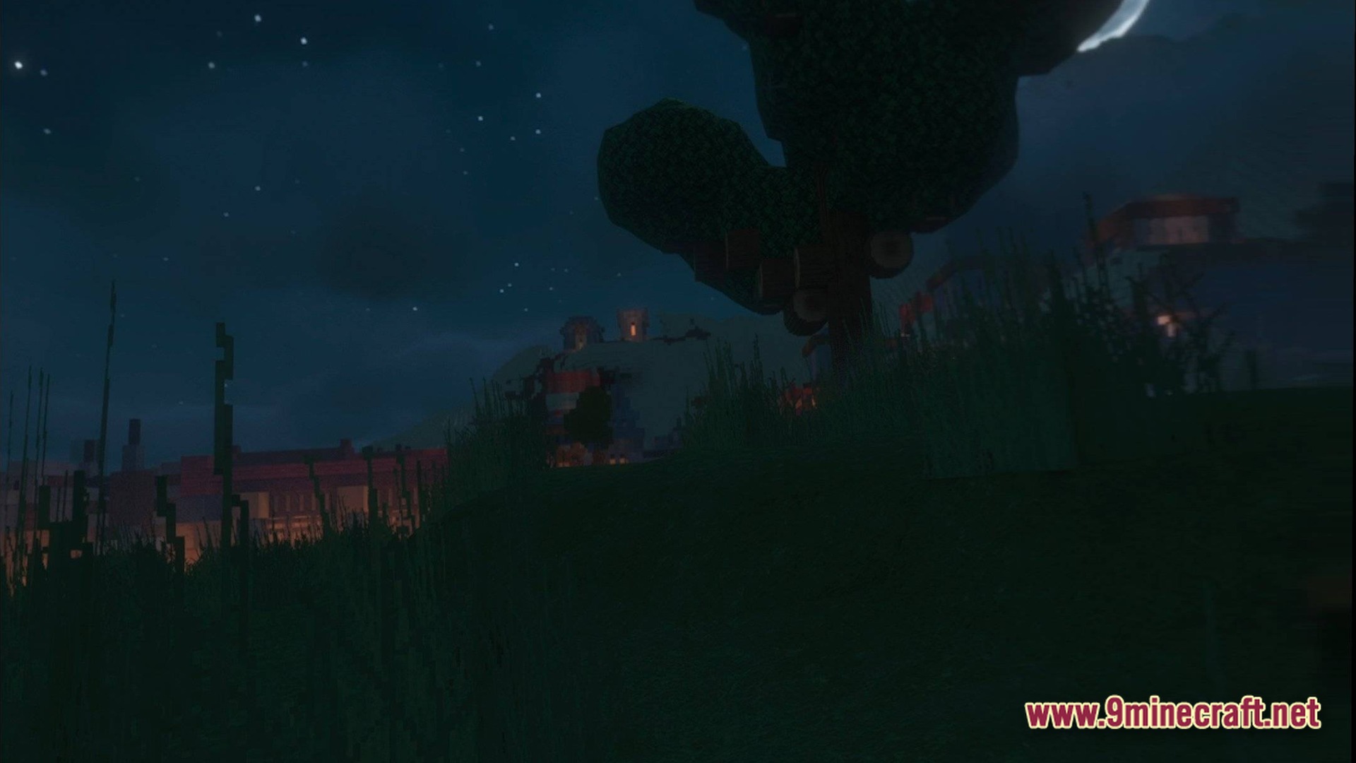 Cubic Horizon Immersion Modpack Screenshot 5 A nighttime view of a grassy landscape featuring distant illuminated buildings under a starry sky