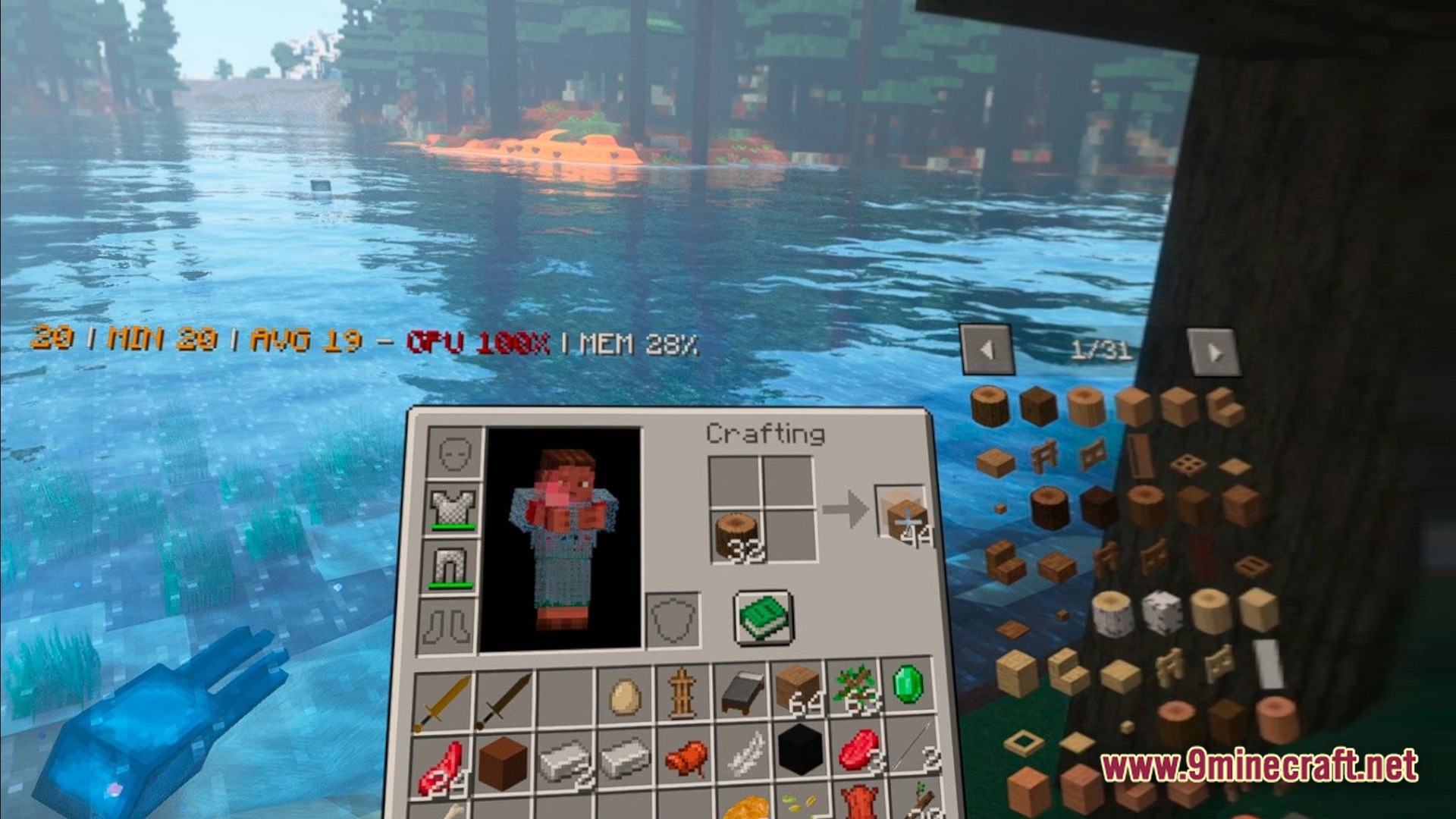 Cubic Horizon Immersion Modpack Screenshot 6 A player character accesses the crafting inventory while standing near a lake in a forested biome