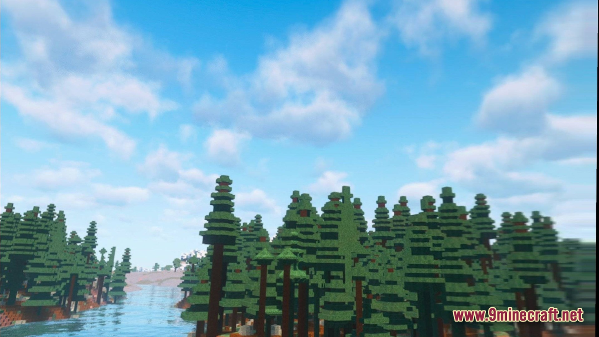 Cubic Horizon Immersion Modpack Screenshot 7 Dense pine forest bordering a river under a bright blue sky with realistic clouds