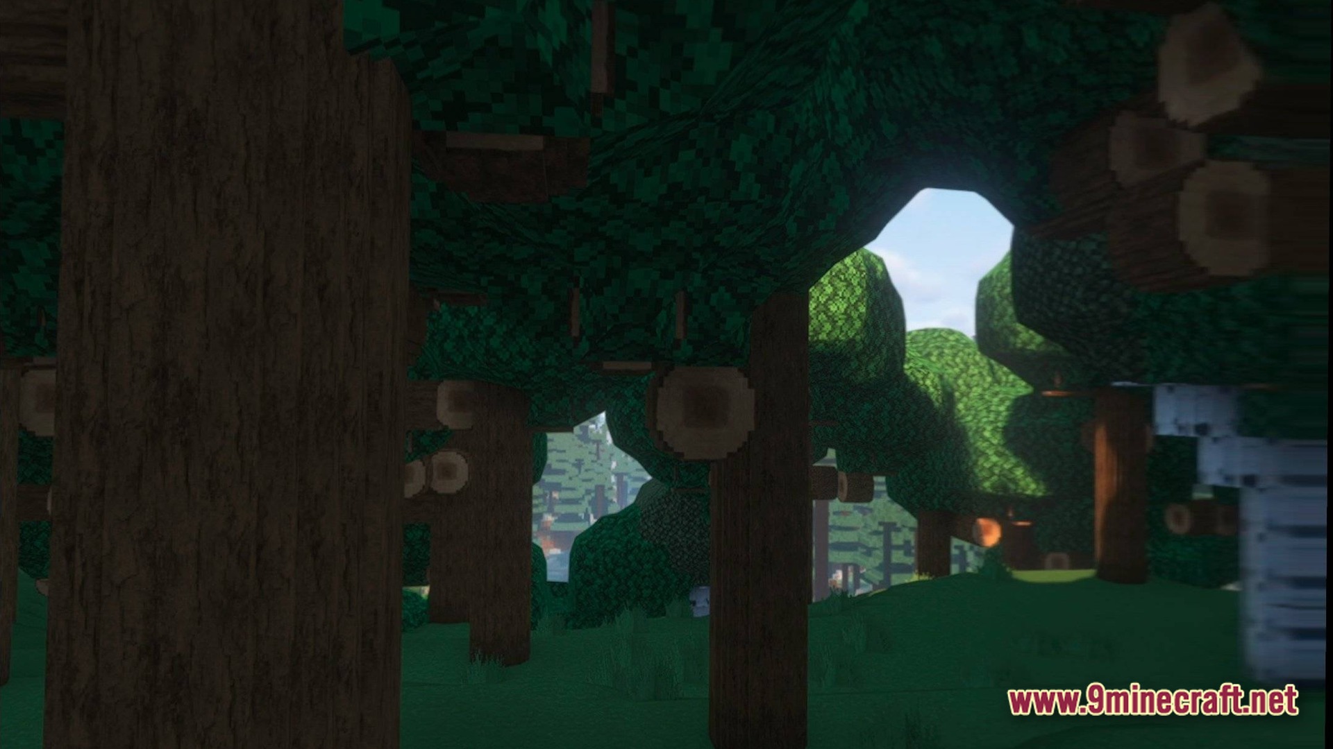 Cubic Horizon Immersion Modpack Screenshot 8 A dense forest featuring rounded tree trunks and lush green foliage with realistic lighting and shadows