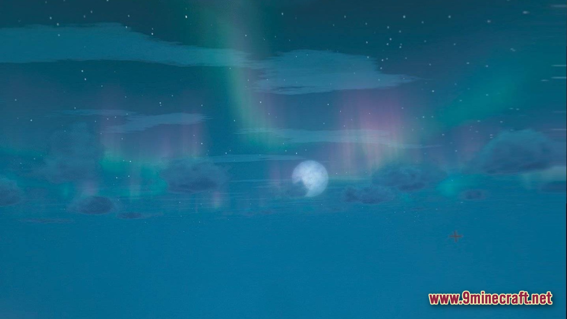 Cubic Horizon Immersion Modpack Screenshot 9 A vibrant aurora borealis glows in the night sky above the moon and stylized clouds