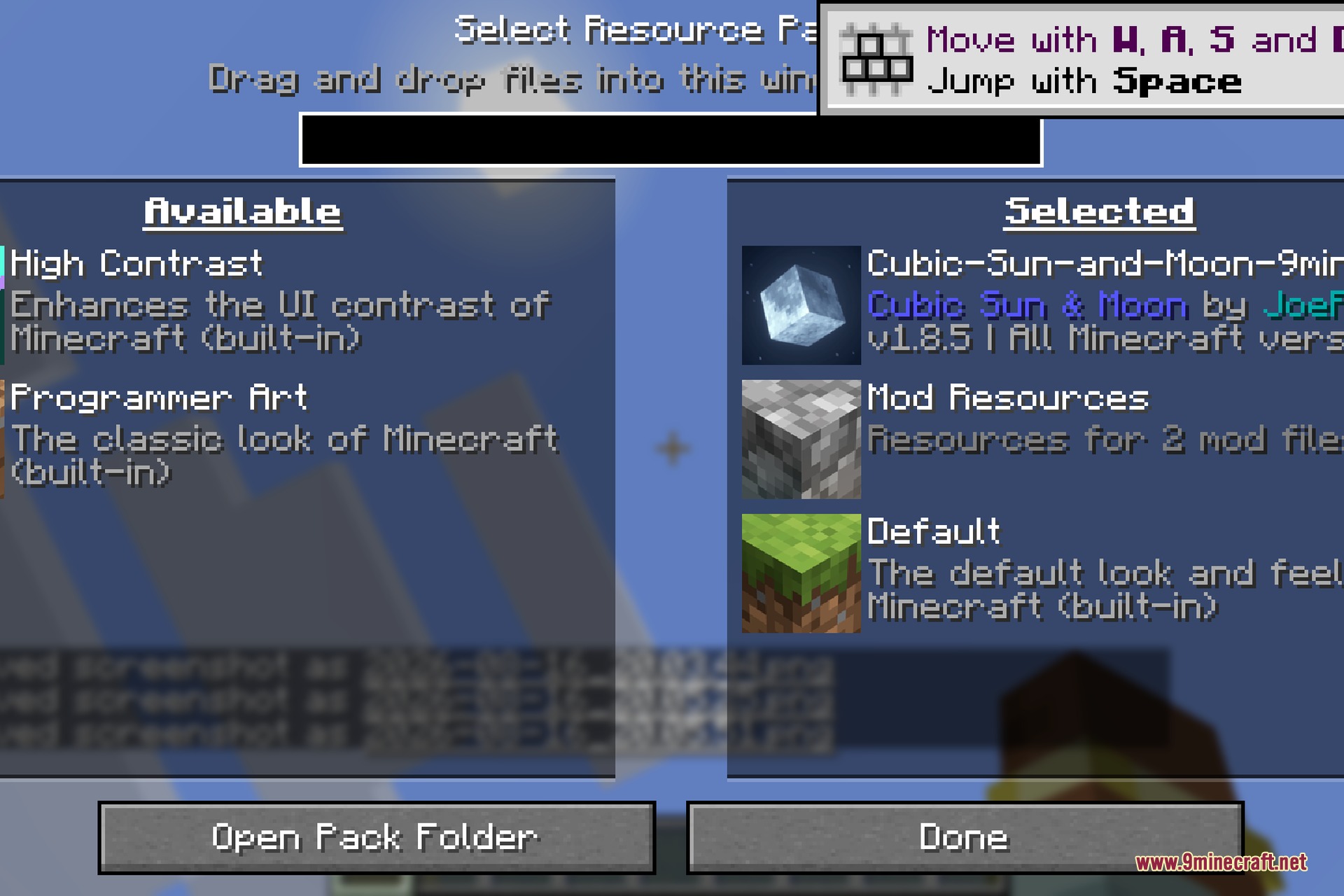 Selecting the Cubic Sun and Moon resource pack in the Minecraft Resource Packs menu