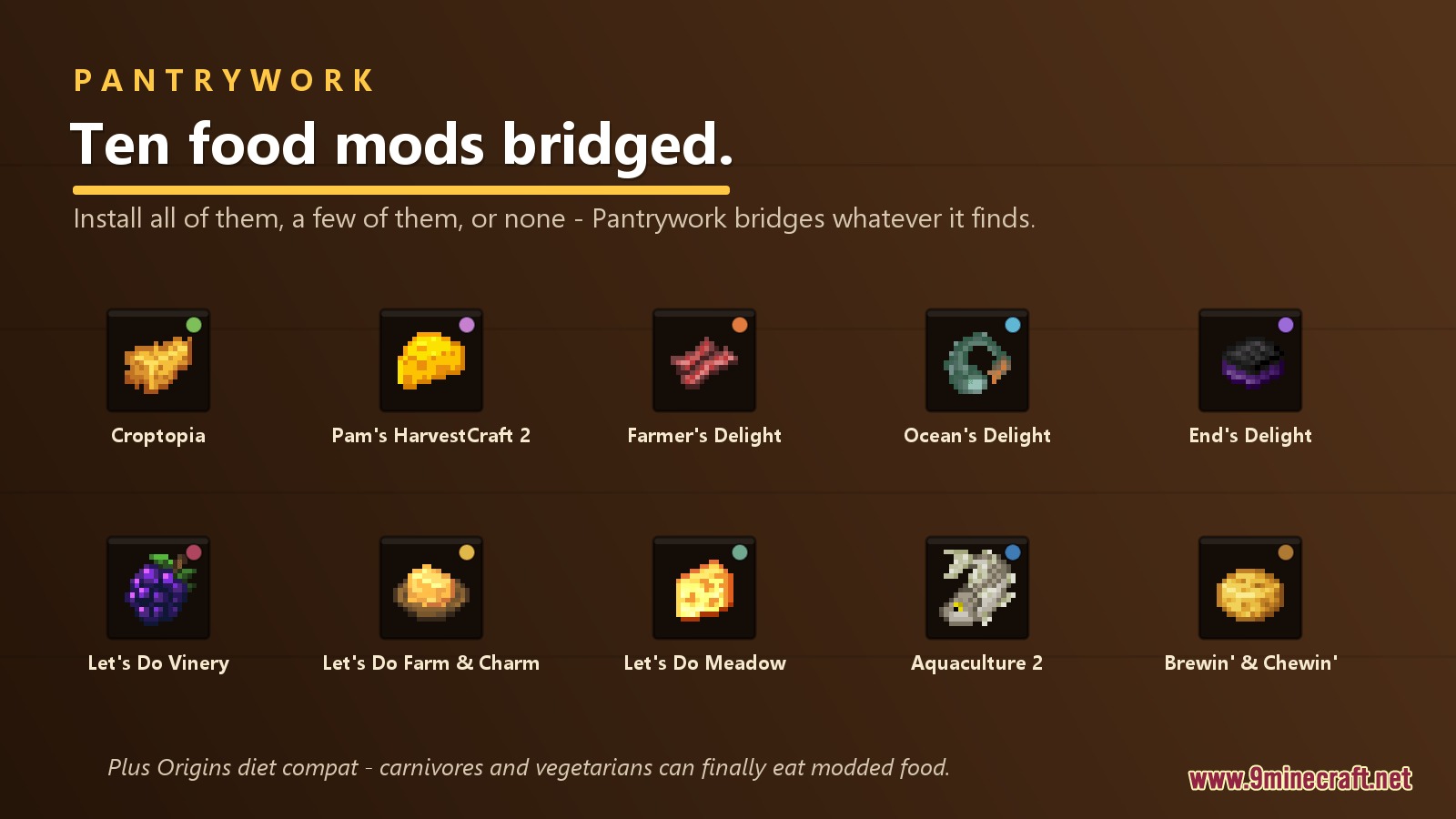Icons of ten food mods that are bridged by the Culinary Bridge mod