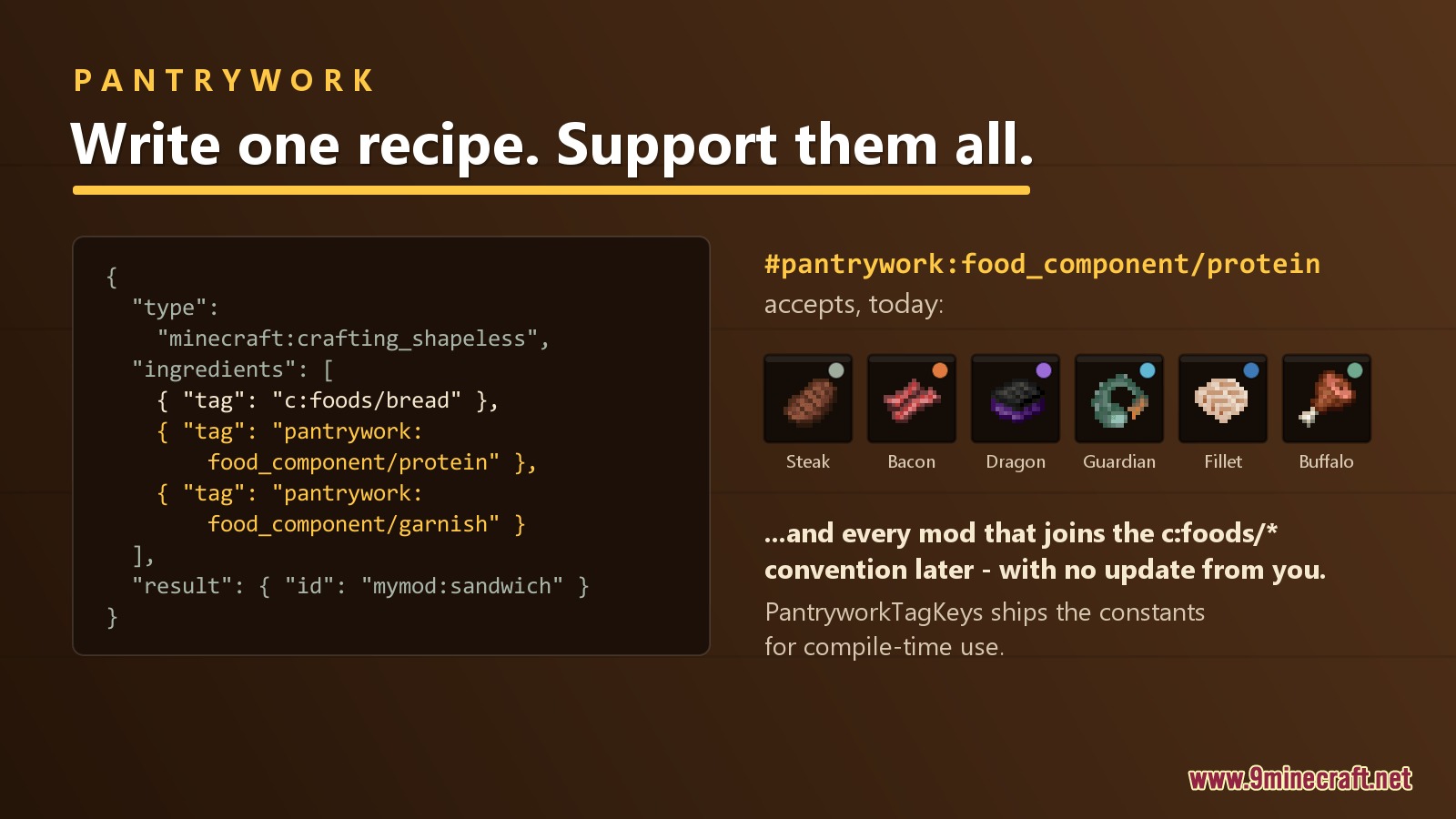 Code snippet showing how food tags unify ingredients from different Minecraft mods