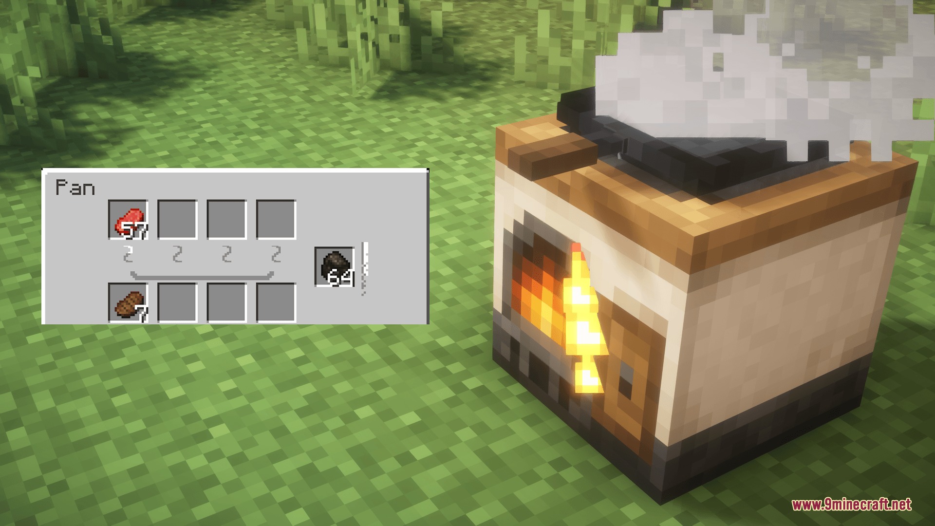 Culinary Hearthstone Mod Screenshot 4 A pan interface and block frying food on a stove with steam