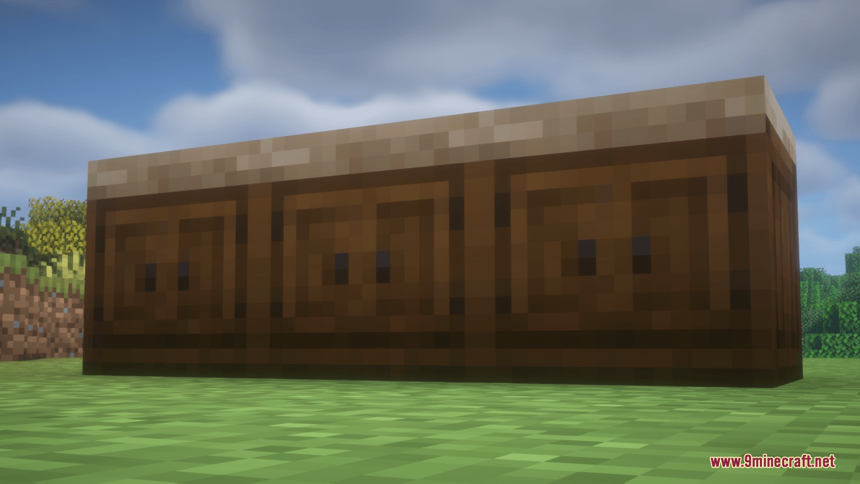 Culinary Hearthstone Mod Screenshot 7 Three dark wooden kitchen counters with light stone tops in a field