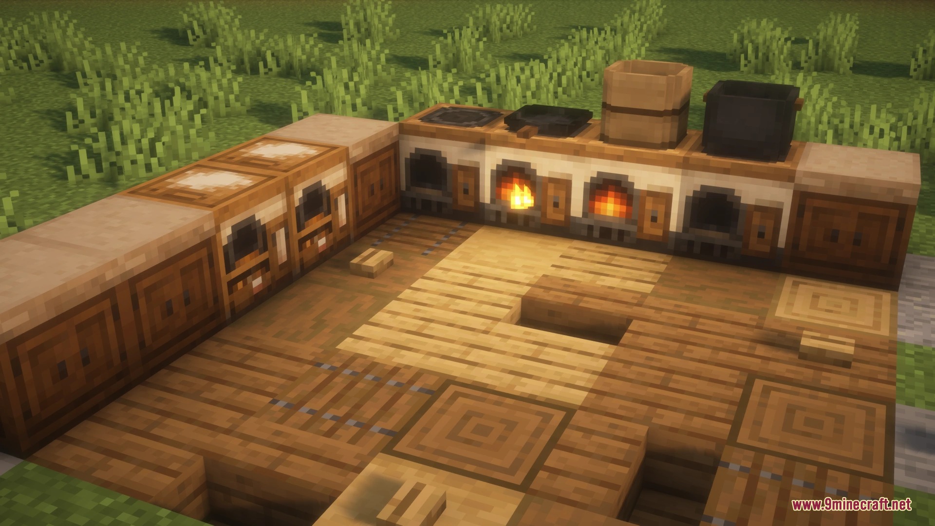 Culinary Hearthstone Mod Screenshot 8 A complete kitchen setup with stoves ovens pans and bamboo steamers