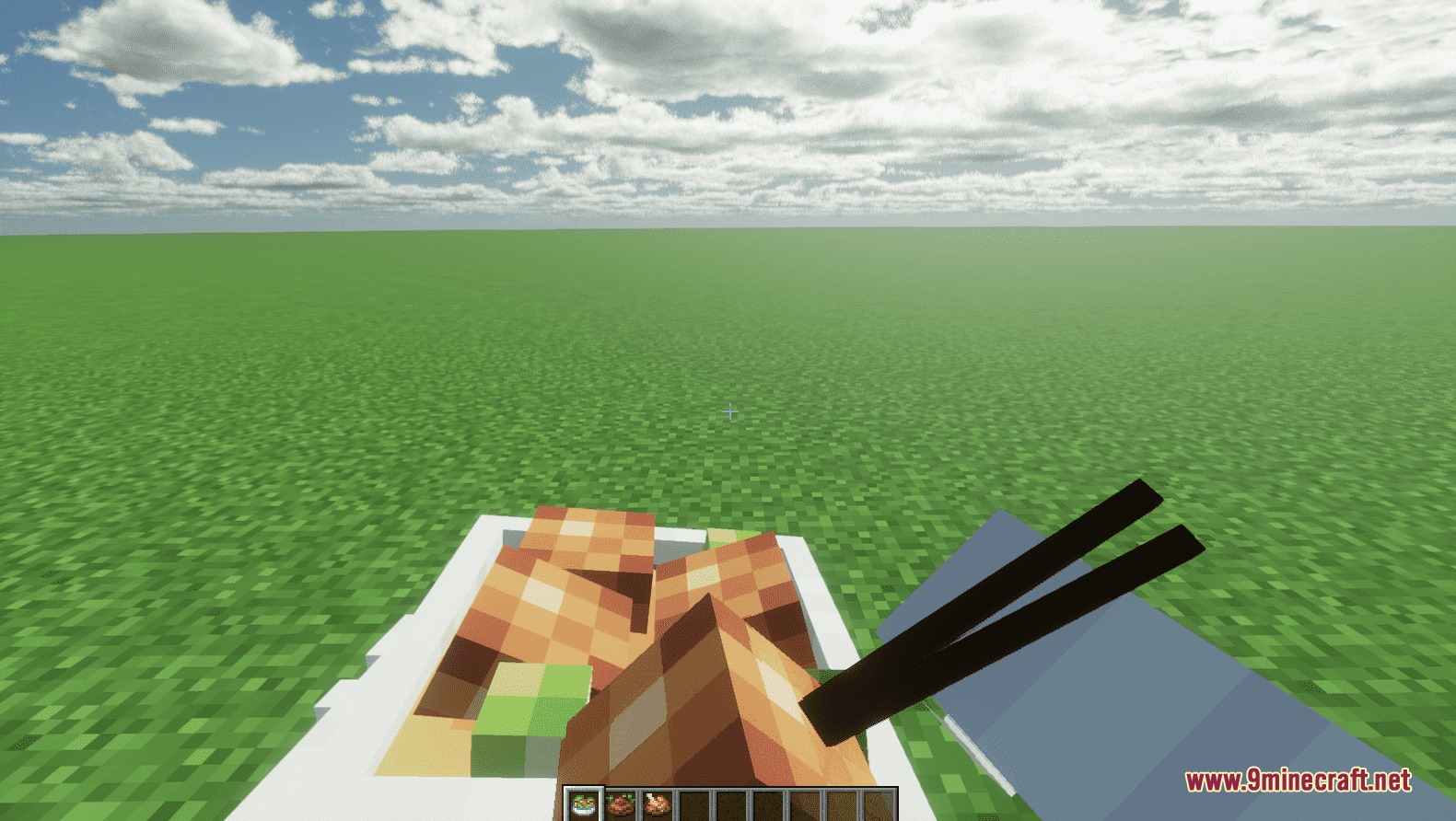 Player using chopsticks to eat a bowl of food in first person view