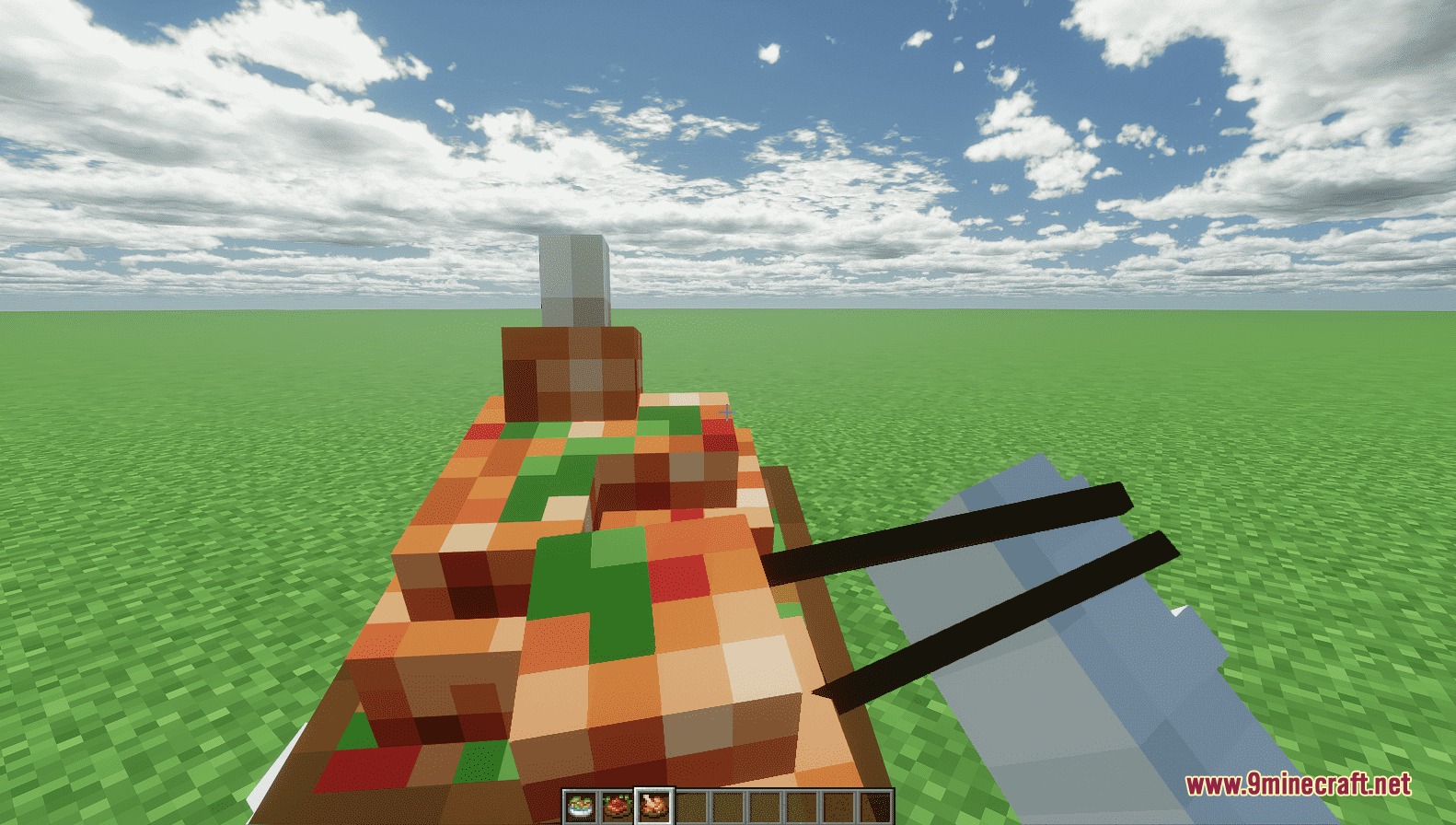 First person view of a player eating a meal using a pair of chopsticks