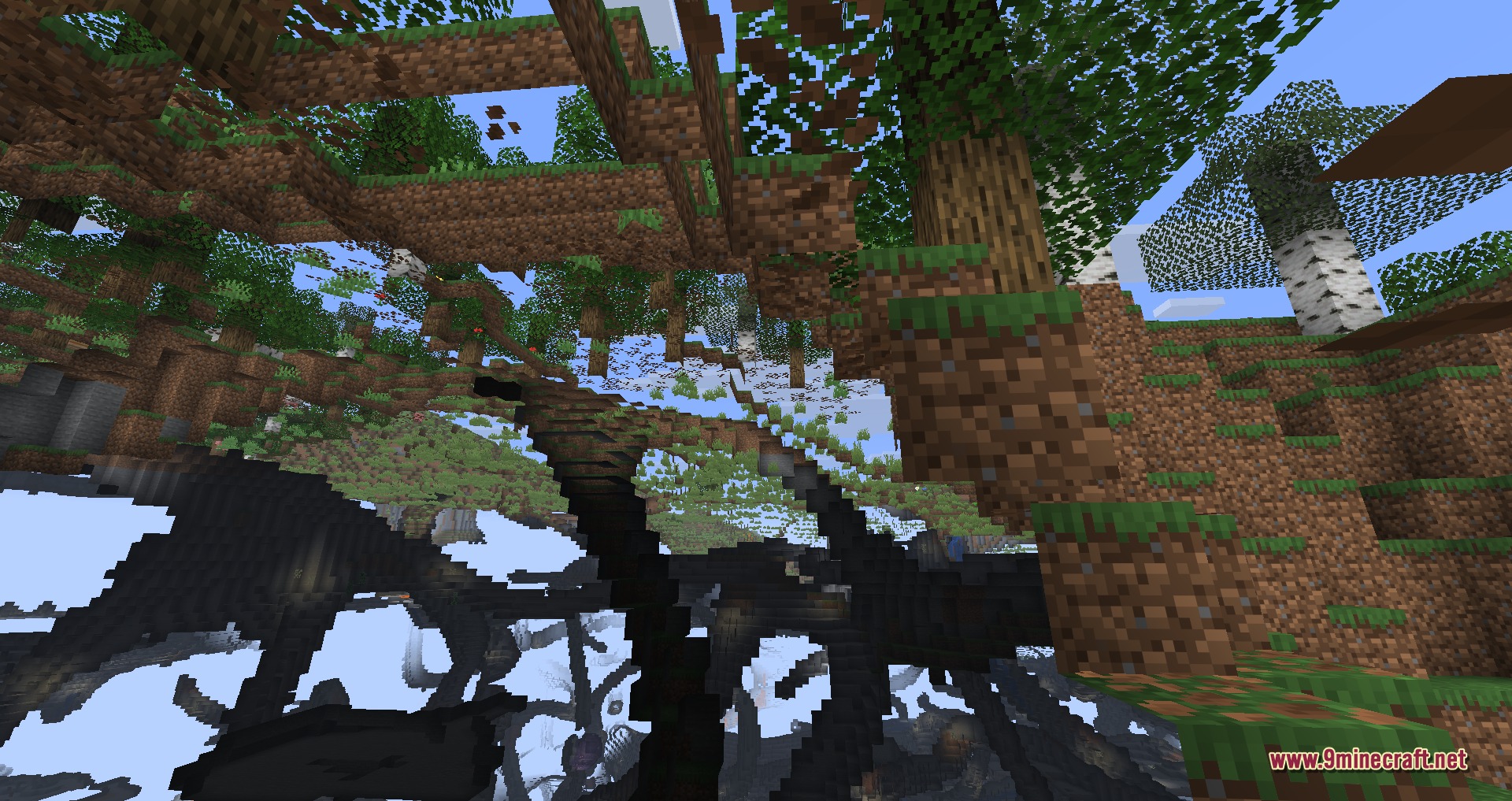 Minecraft forest canopy with leaf blocks showing culled inner faces for performance